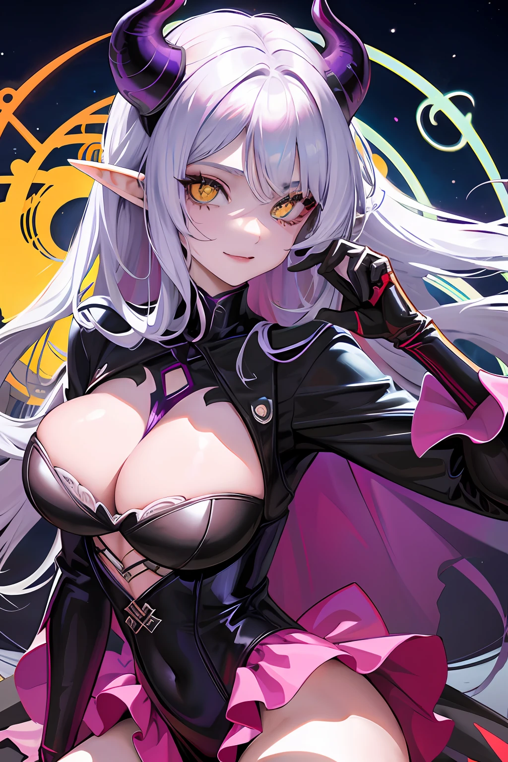 A female Milf demon with long silver hair and purple locks with elf ears and black demonic horns, Yellow eyes of the demon, pupila vertical, rosto maduro e adulto com um sorriso perverso para os espectadores, dentes de vampiro, corpo volumoso com seios e busto enormes, pale skinned, vestido de noiva, Cyberpunk city destroyed, abandonado e sujo, Particulas roxas, corpo volumoso com seios e busto enormes, Cabelo prateado com mechas roxas ,(yellow demonic eyes), olhos brilhantes, Moda realista, sysie high definition details, fotografia, perspicacity, unique 850 4, Koda850 k portrait camera, Primavera F1.6, cores ricas, Textura super realista, textura de luz espetacular, arte surreal, Cinestil 800 mecanismo de moda.