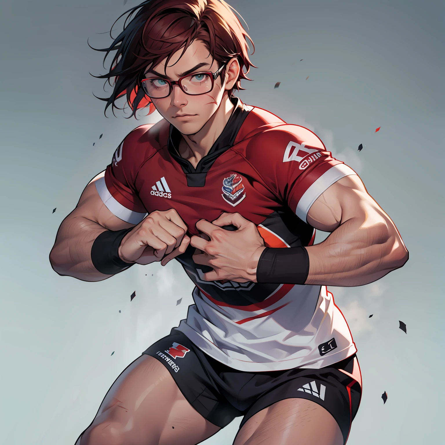 I stand at 6'5 and I am considered tall for Japanese standards. My body is filled with scars as I had to give up playing Rugby due to serious injuries inflicted in the sport. I am now a college major in art with the goal to become the greatest artist in the history of time. I have short maroon hair and wear glasses to accommodate my bad vision caused by playing a full contact sport. My eyes are green. Red short hair, running