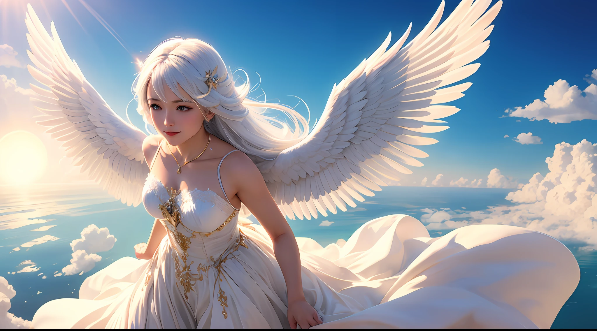 angel descending from heaven among white clouds with wings and arms open white hair and bright sun
