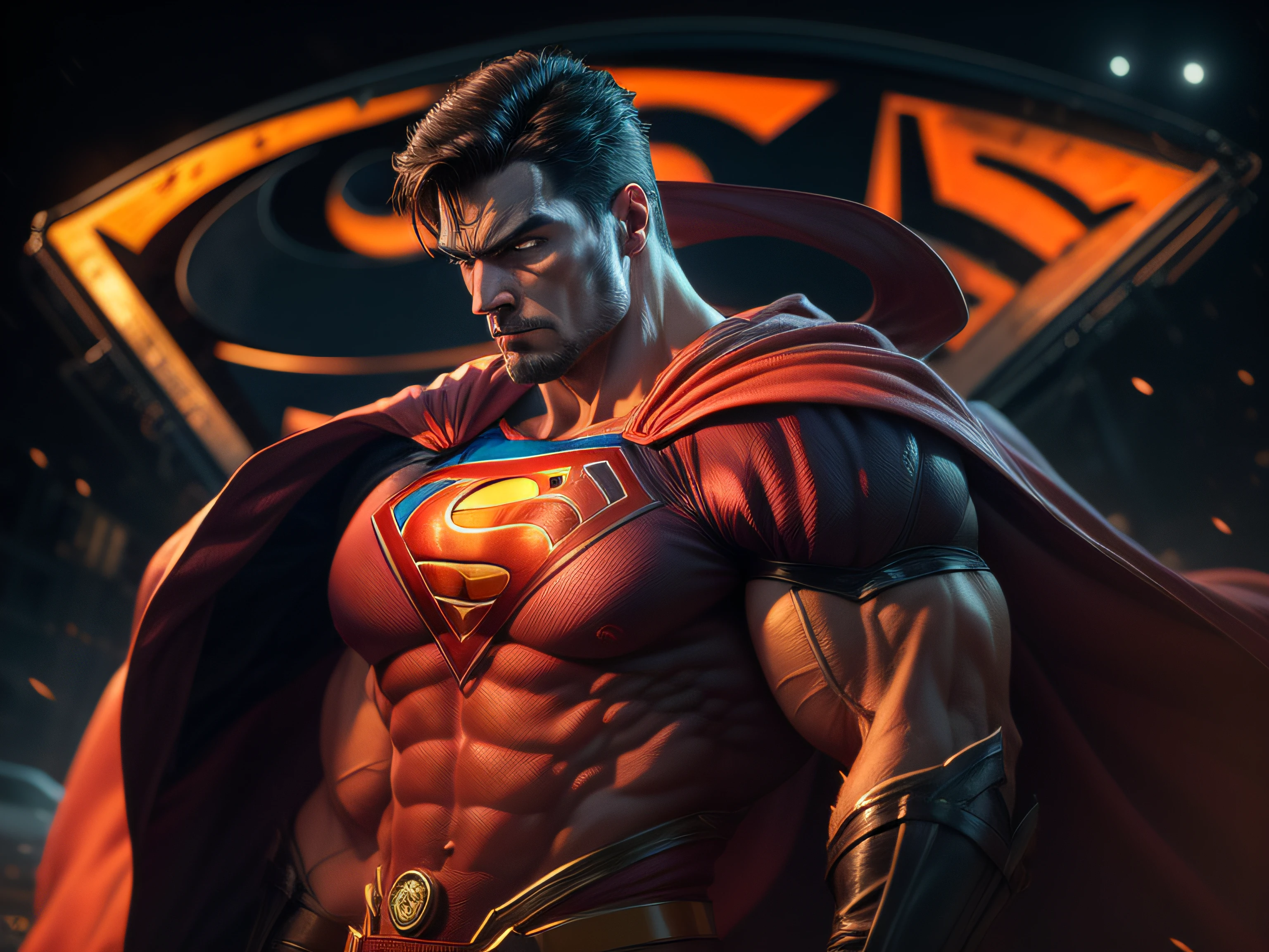 Close a powerful threat, The imposing appearance of the mighty Superman dressed in orange uniform, menacing stare, ricamente detalhado, Hiper realista, 3D-rendering, obra-prima, NVIDIA, RTX, ray-traced, Bokeh, Night sky with a huge and beautiful full moon, estrelas brilhando, 8k,