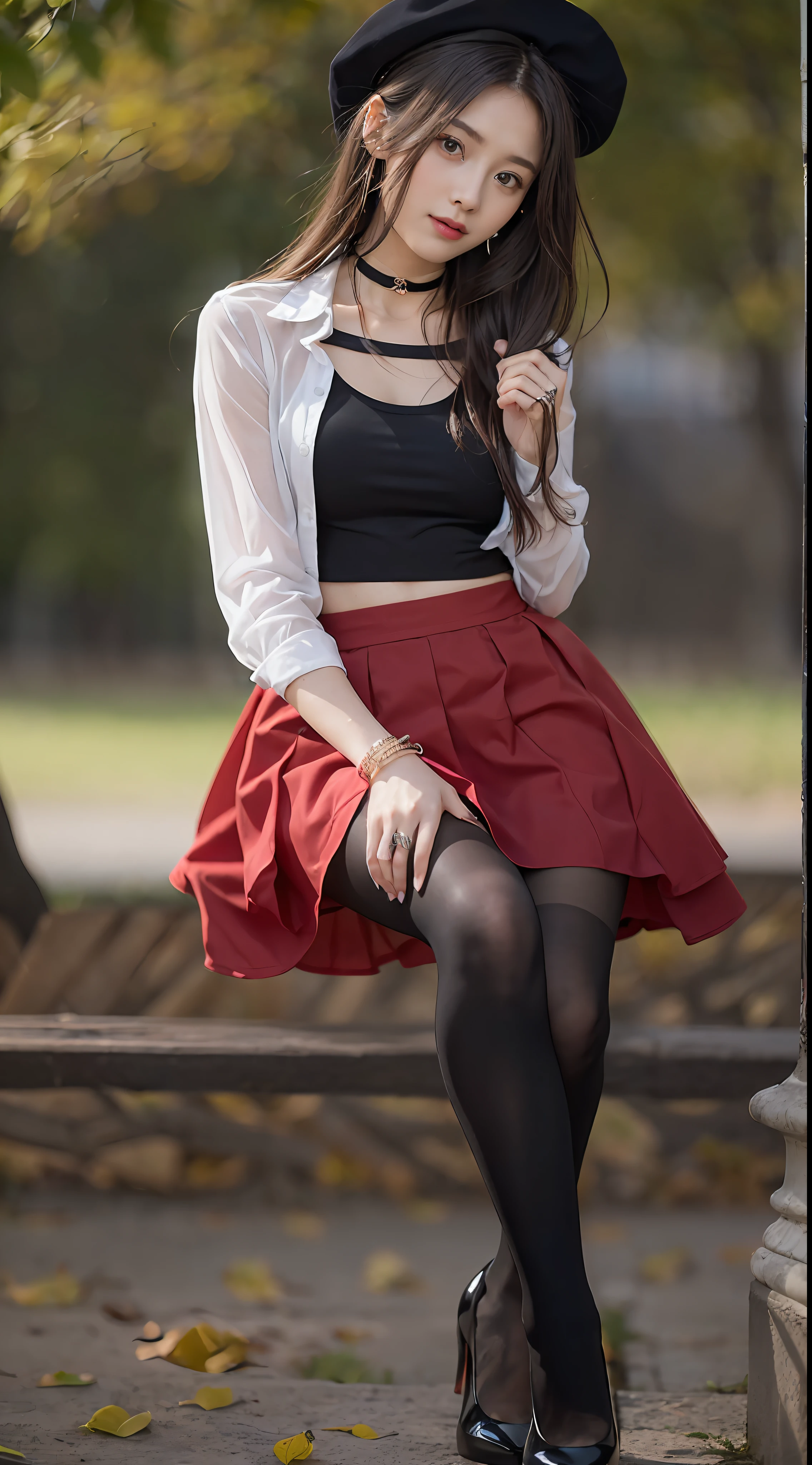 18-year-old female, baby face, RAW photo, bokeh, (realism: 1.4, realistic), high-definition CG unified 8K wallpaper, 1girl, ((slim body: 1)), (medium breasts: 2), return to the viewer, ((direct view from the front)), (HQ skin: 1.4), 8k UHD, DSLR, soft light, high quality, film grain, fujifilm XT3, ((uniform, micro mini skirt, Metal Choker, See-Through Shirt: 1.5)), ((Outdoor, in the Park))), ((Long Hair, Black Pantyhose, Medium: 1.2)), (Full Body Portrait: 1.2), (Viewers: 1.4), (Red High Heels: 1·2), (Full Body: 2)