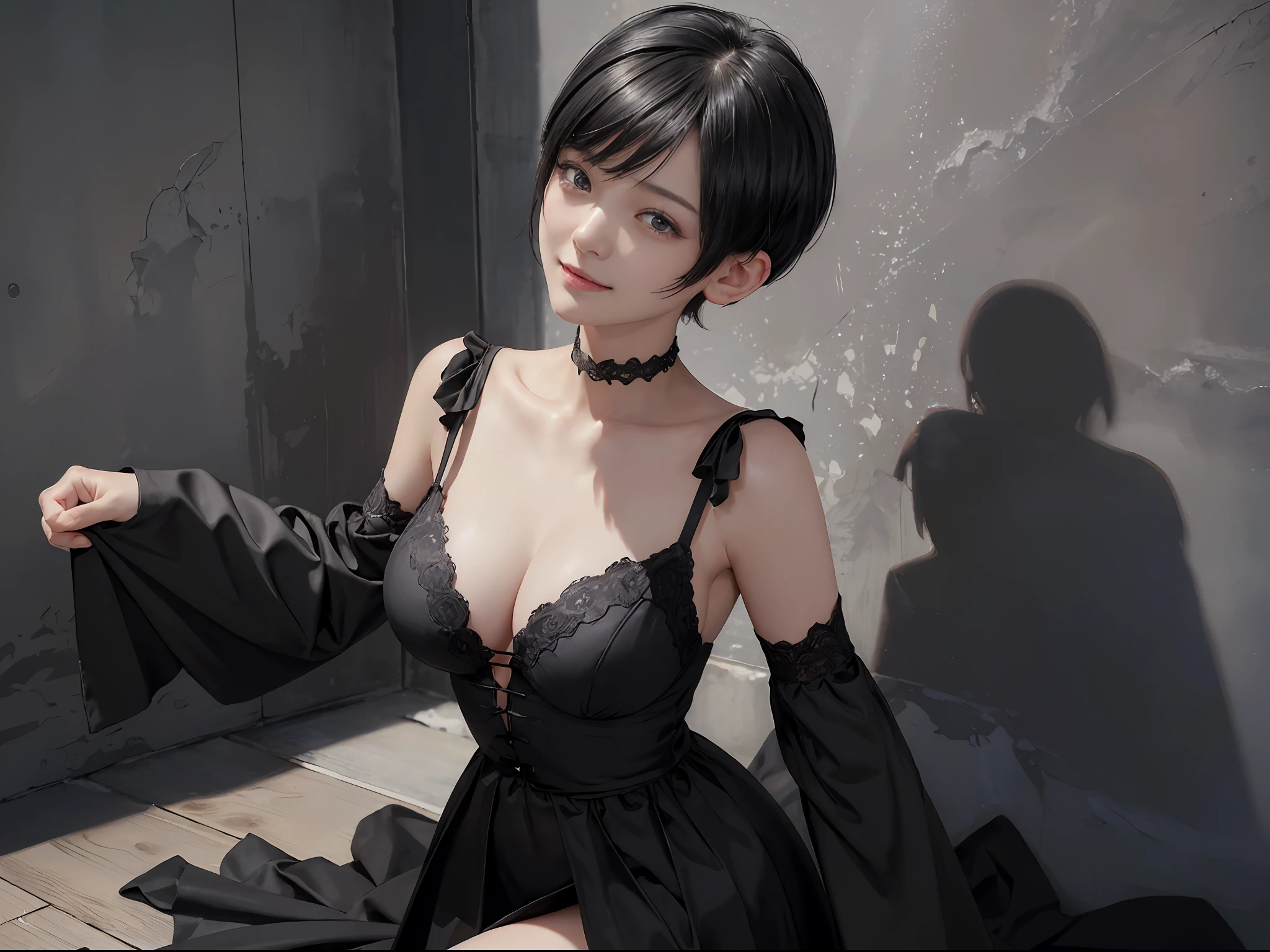 (((black_short_hair))), (((very_short_hair))), (A hyper-realistic)、(illustratio)、(hight resolution)、(8K)、(ighly detailed)、(Best Illustration)、(beautifully detailed eyes)、(top-quality)、(ultra-detailliert)、(​masterpiece)、(wall-paper)、(详细的脸)、独奏、女の子 1 人、Viewer's Perspective、detaileds、详细的脸、dark、deep-shadows、lowkey、pureerosfaceace_v1、a smile、Smaller bust、long legged、big breasts thin waist、s ass、Ultra-fine makeup、
