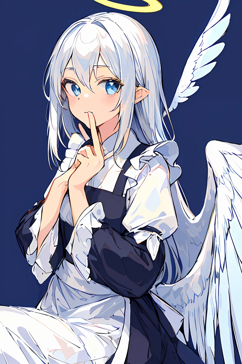masterpiece, intricate detailes,best qualtiy, 1girl in, The halo, 独奏, length hair, pastel blue eyes, wingspan, Heavenly background, angelicales, looking at the viewers, Angel wings, long-sleeve, feathered wings, bangss, simple background, white hair, Mouth closed, The shirt, maid clothes
