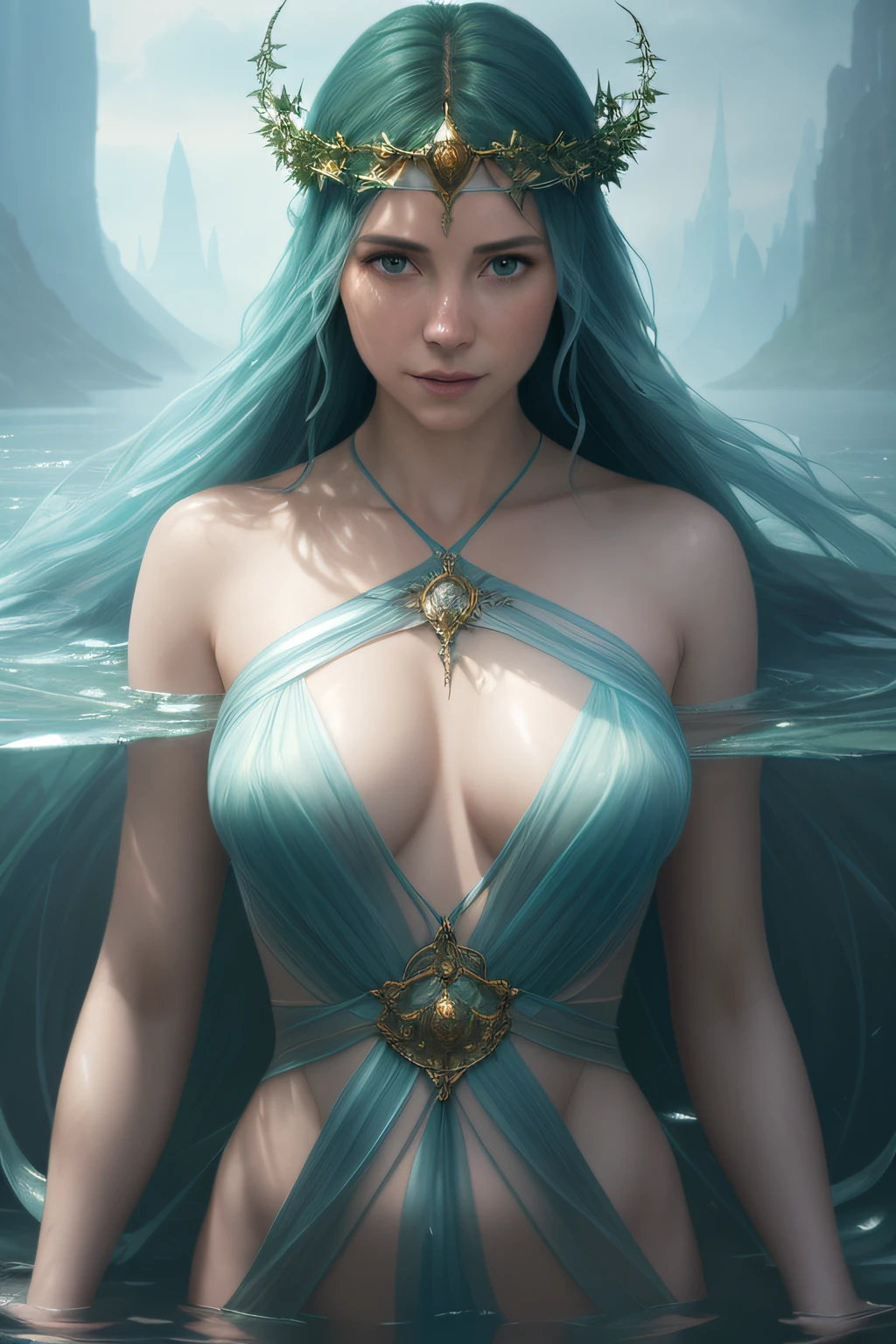 lady of the lake, a fey woman partially submerged, beatiful face, arms outstretched (((holding Excaliber sword horizontaly))), water dripping off of clothes, flowing gossamer clothing, enchanting,artstation,smooth, sharp focus,art by ross tran and greg rutkowski and alphonse Mucha and Bak Karol, (digital painting:1.16), soft lighting, CGSociety,ArtStation,(__Hyperrealism:1.3),(__Photorealism:1.3),(Land Art:1.3),(CMYK Colors:0.5),naturalism,land Art,regionalism,shutterstock contest winner,trending on unsplash,featured on Flickr