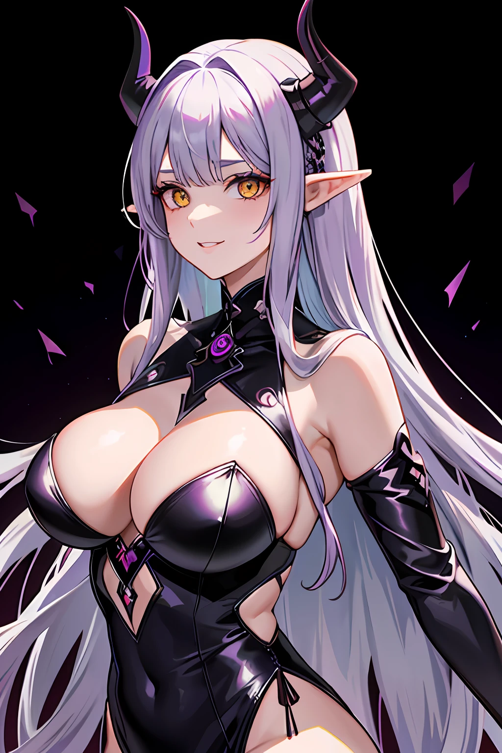 A female Milf demon with long silver hair and purple locks with elf ears and black demonic horns, Yellow eyes of the demon, pupila vertical, rosto maduro e adulto com um sorriso perverso para os espectadores, dentes de vampiro, corpo volumoso com seios e busto enormes, pale skinned, vestido de noiva, Cyberpunk city destroyed, abandonado e sujo, Particulas roxas, corpo volumoso com seios e busto enormes, Cabelo prateado com mechas roxas ,(yellow demonic eyes), olhos brilhantes, Moda realista, sysie high definition details, fotografia, perspicacity, unique 850 4, Koda850 k portrait camera, Primavera F1.6, cores ricas, Textura super realista, textura de luz espetacular, arte surreal, Cinestil 800 mecanismo de moda.