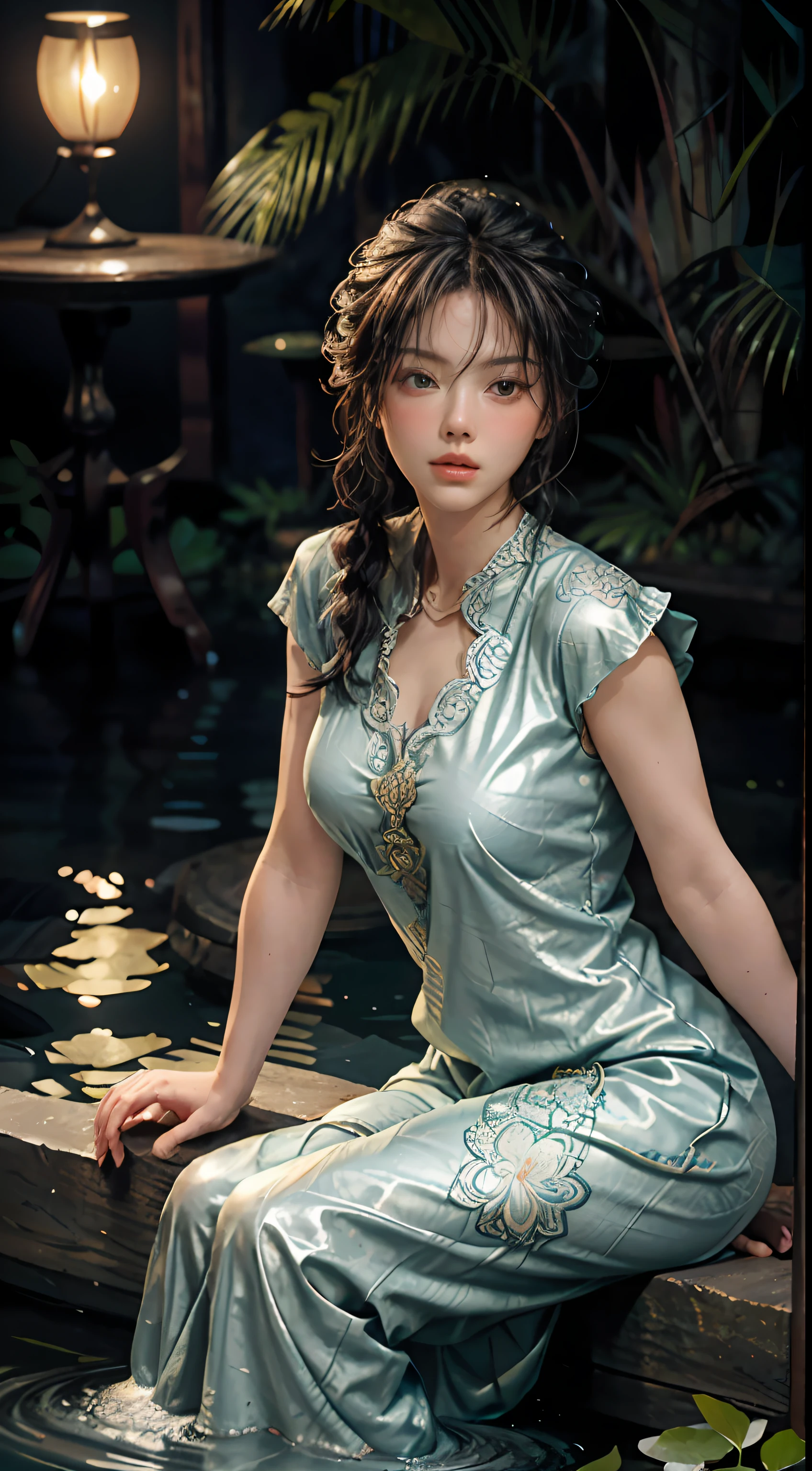 Sitting by a circular lake, feet playing in the water, the art depicts a charming woman with a melon face, dressed in a flowing, silky traditional oriental dress, lilac, decorated with intricate patterns and bright colors. Her dress drapes elegantly over her curvy figure, accentuating her seductive silhouette. She sits gracefully by the tranquil lotus lake, her feet playing in the water, bathed in the soft glow of the moonlight. The scene exudes an ethereal and dreamy atmosphere, with a touch of mystery and sexiness. The graphic style blends watercolor and digital illustration techniques to evoke a refined beauty and charm. The lights are filled with soft moonlight, casting soft highlights and shadows on her charming features. Open thighs, long lace trousers, large breasts, three-dimensional facial features, sitting, upturned legs, side braids