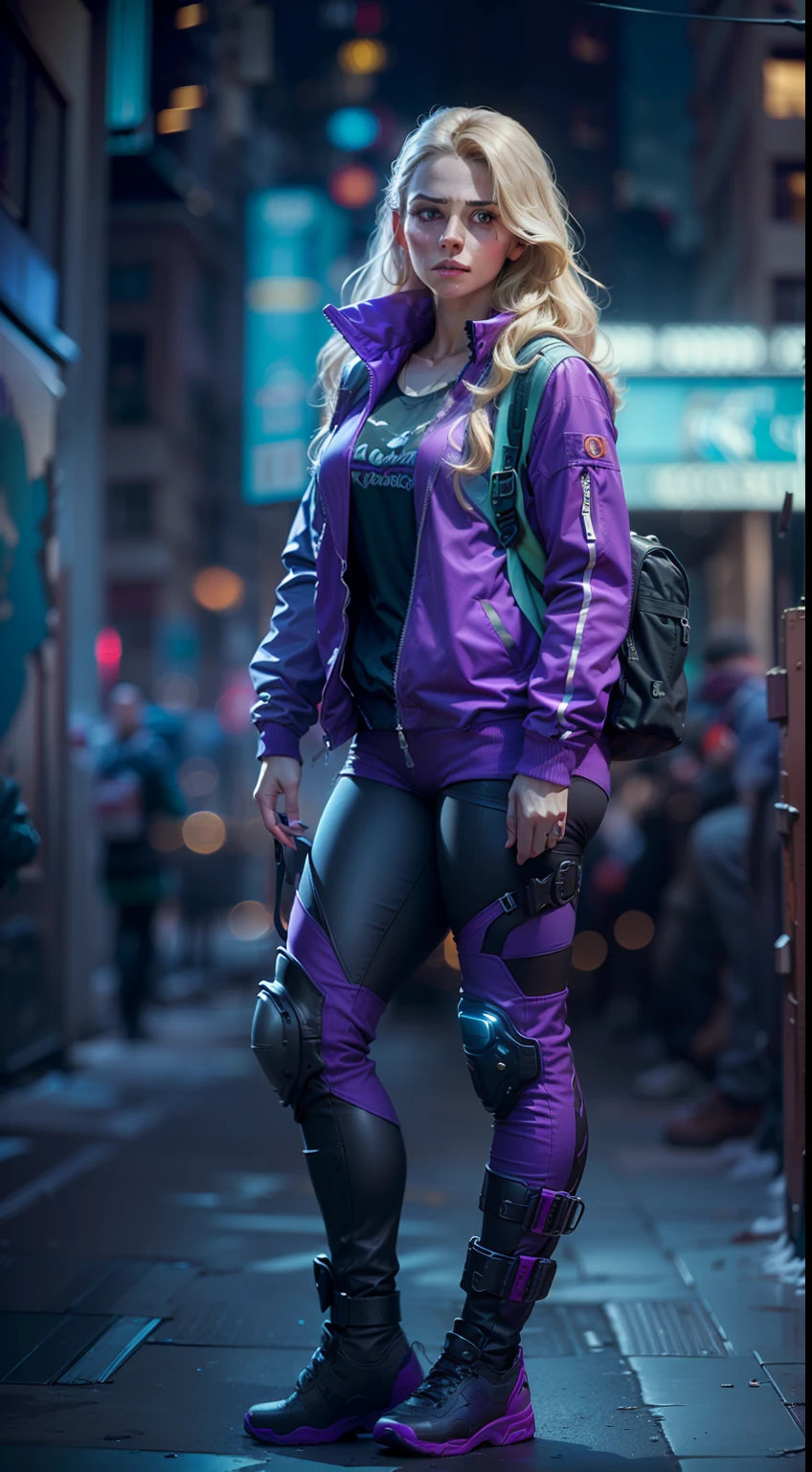 (
(Character: one escapist woman, russian traits, long wave hair, blonde hair, lean body, tall)
(Clothing: purple jacket, futuristic jumpsuit, backpack, leg holster, knee pads, boots)
(Pose: upper body shot:1.7, dynamic pose)
(blurry, intense urban lights in background, purple color scheme:1.3)
(Style: ((masterpiece:1.5)), (face detailed), photo-realistic:1.3, hyperrealistic, film grain, realistic lighting)
)