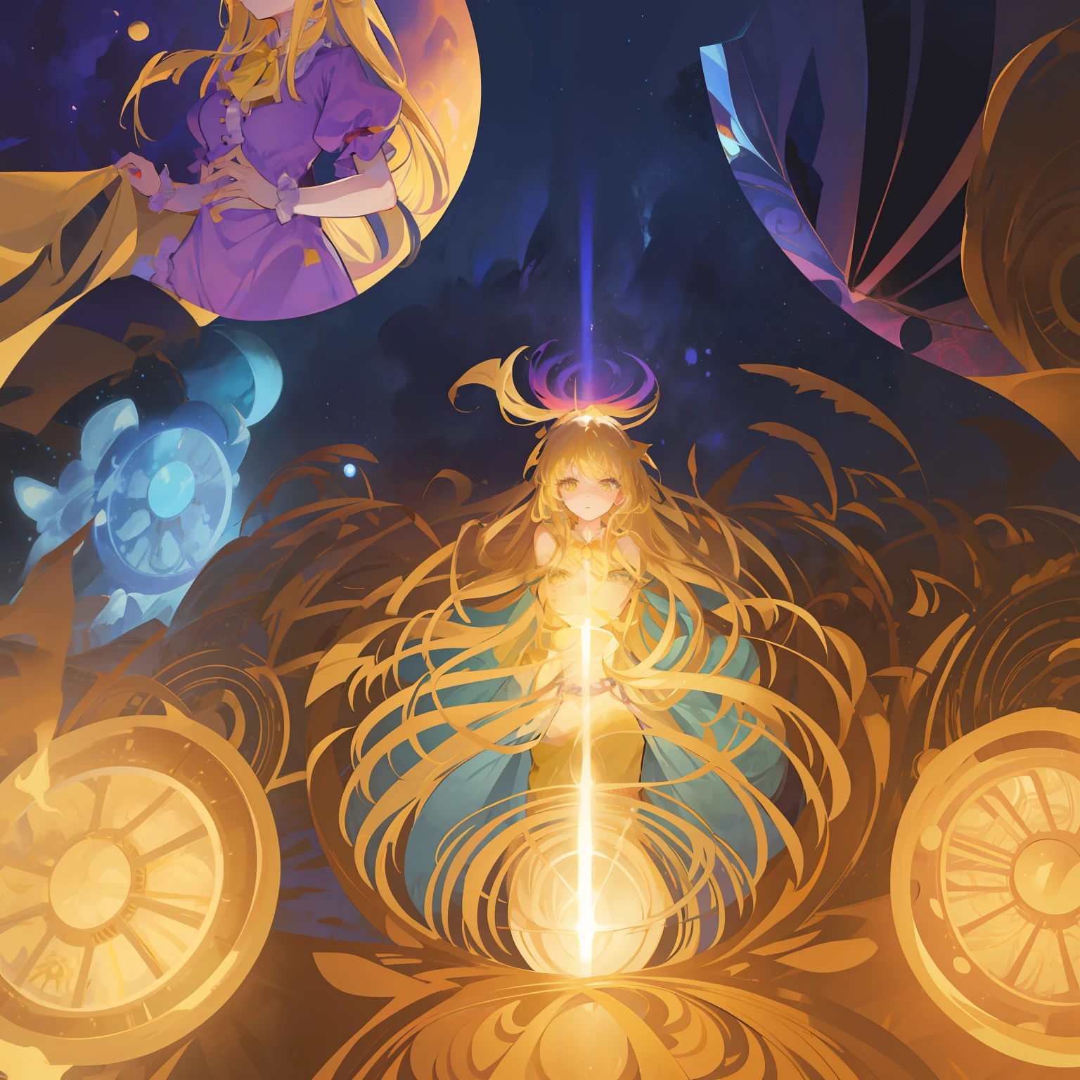 Show from face to chest、Moon Guardian, Beauregard, Touhou Project Kikuri Illustration, 1 girl, Solo, a blond、Long hair, yellow eyes, In light blue balls、Blonde hair, Dress、Yellow clothes、Yellow clothes、background of hell、Red background