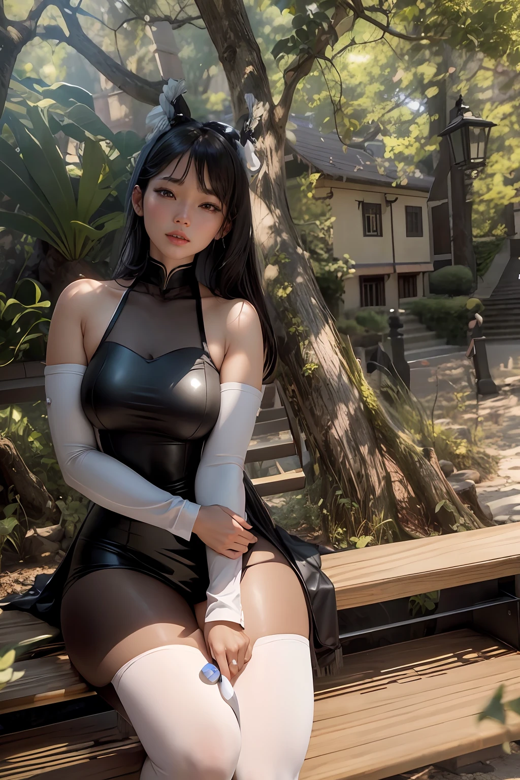 there is a woman sitting on a bench in a park, young and cute girl, a cute young woman, xintong chen, gorgeous chinese models, smooth white tight clothes suit, cute young woman, sakimichan hdri, trending at cgstation, Yoshitomo Nara, reluvy5213,Black hair, surrealism, surrealism, Depth of field, Cinematic lighting, Ray tracing, 8K, Super detail, hyper HD, Super detail, Textured skin, 16k
