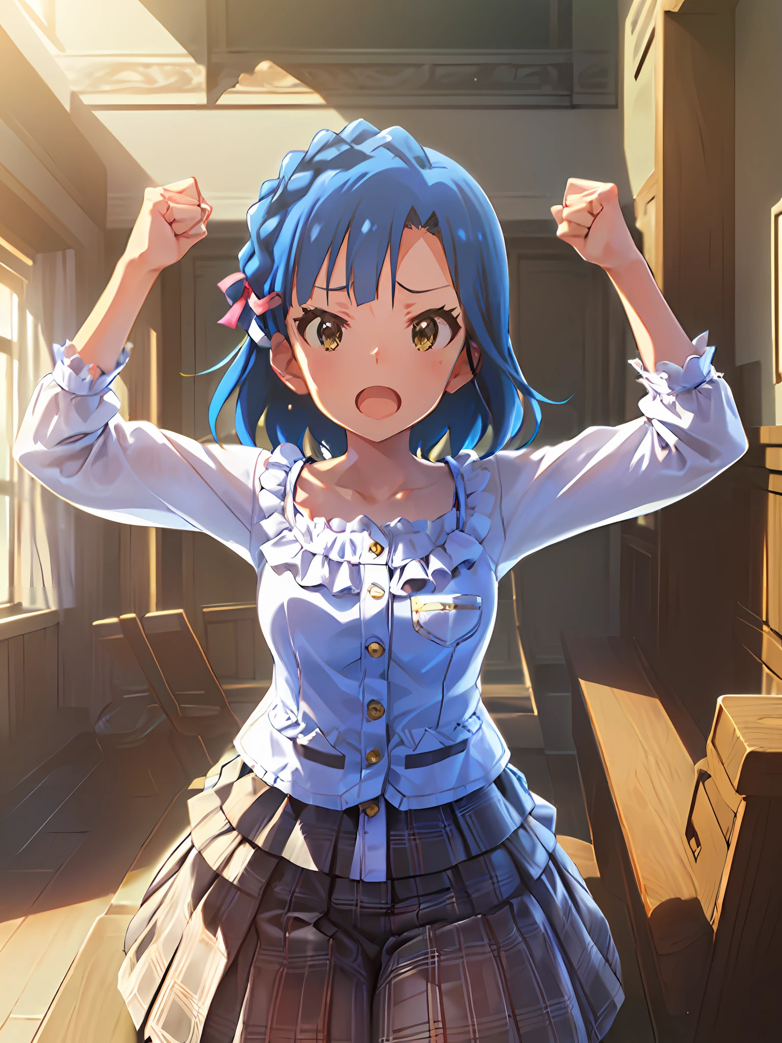 yuriko nanao (million live). Short stature. (((white t-shirts))).(((Skirt))).(((masterpiece))).(((best quality))).((Ultra-detailed))).(((illustratio))). (((raise both arm))).(((a room))).(((make a fist))).(((up chest))).Despair face.((short-hair)).((big breasts)).((Opening Mouth)).((Sit up)).