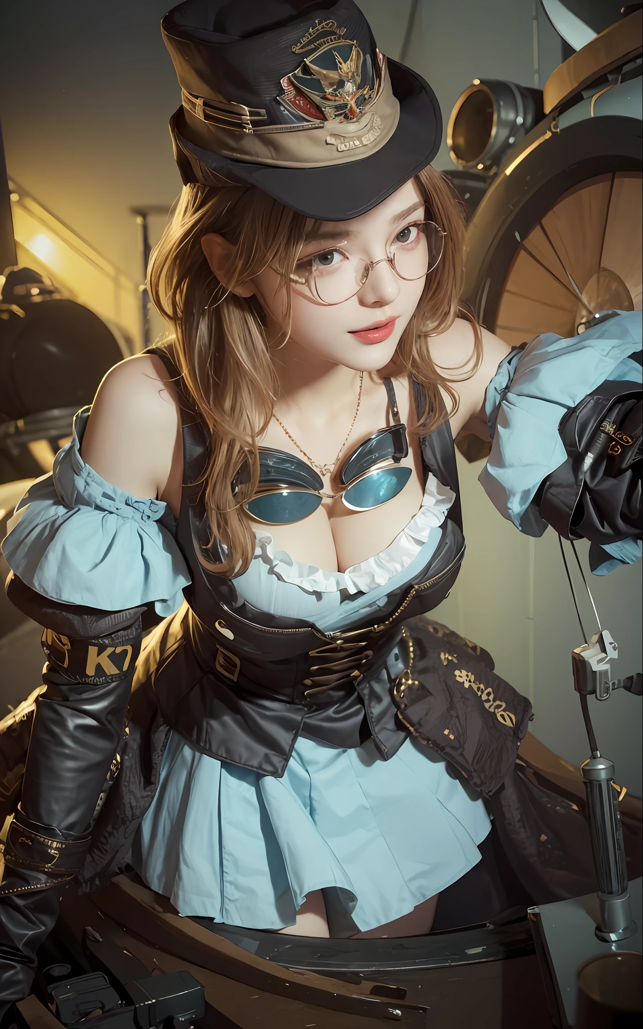((Best Quality, 8K, Masterpiece:1.3)), Focus: 1.2, Perfect Body Beauty: 1.4, Buttocks: 1.2, ((Layered Haircut, Breasts: 1.2)), in the aircraft repair shop, cosplay, small breasts, Highly Detailed Face and Skin Texture, Fine Eyes, Double Eyelids, Whitening Skin, Long Hair, (Shut Up: 1.3), Smile, hat, pilot's glasses on a necklace
