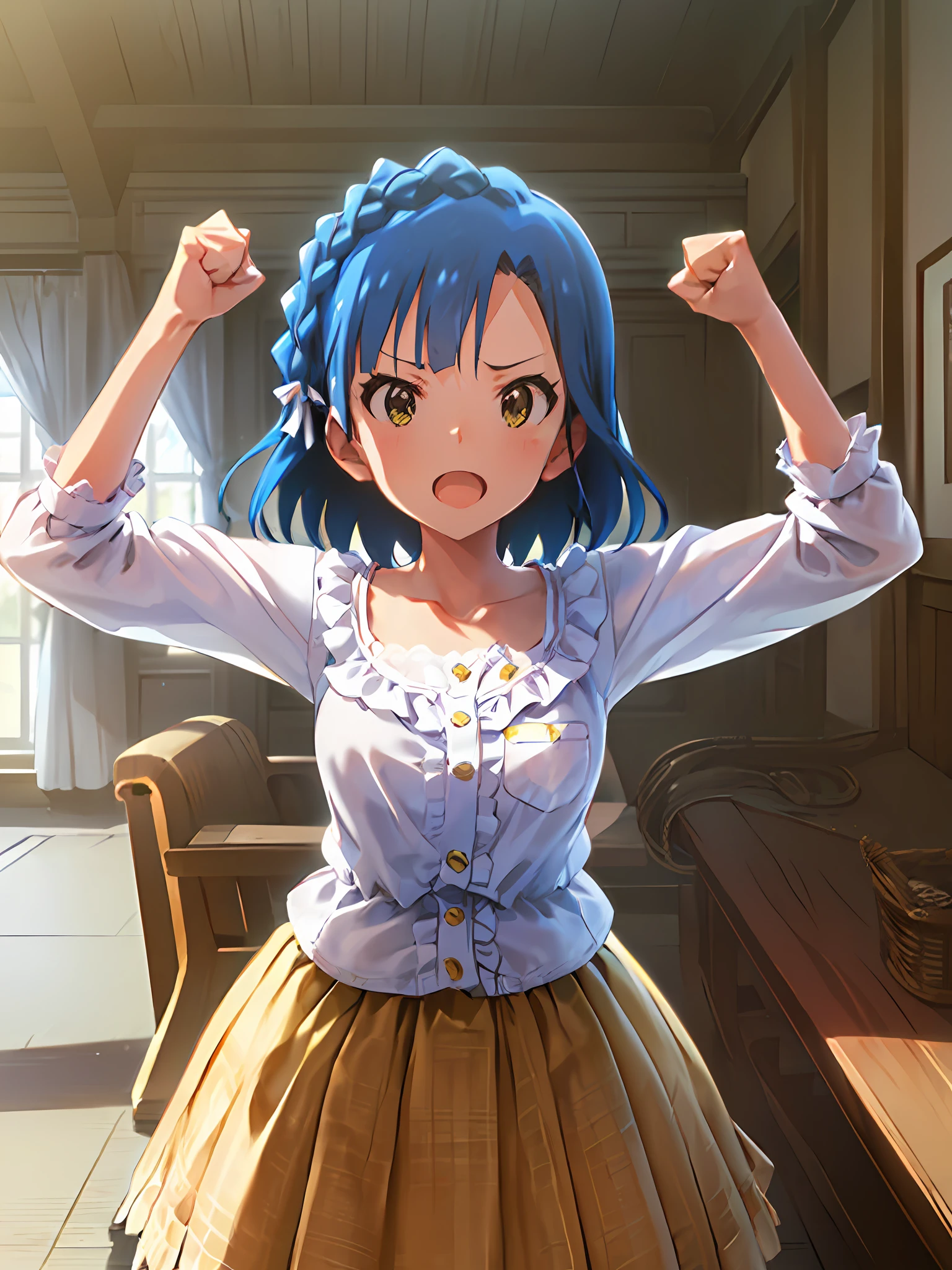 yuriko nanao (million live). Short stature. (((white t-shirts))).(((Skirt))).(((masterpiece))).(((best quality))).((Ultra-detailed))).(((illustratio))). (((raise both arm))).(((a room))).(((make a fist))).(((up chest))).Despair face.((short-hair)).((big breasts)).((Opening Mouth)).((Sit up)).