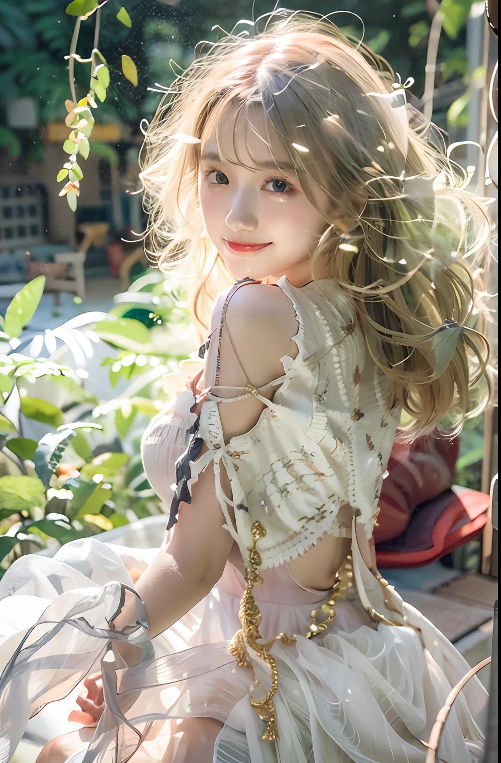 Need,tmasterpiece,Highest image quality,whaite hair,Golden eyes,White dress,Look up,Hairline,Fair skin,SideBraid,White and tender arms,Beautiful legs,Sit Pose,Slightly transparent skirt,beautidful eyes,largeeyes,ssmile,photorealestic