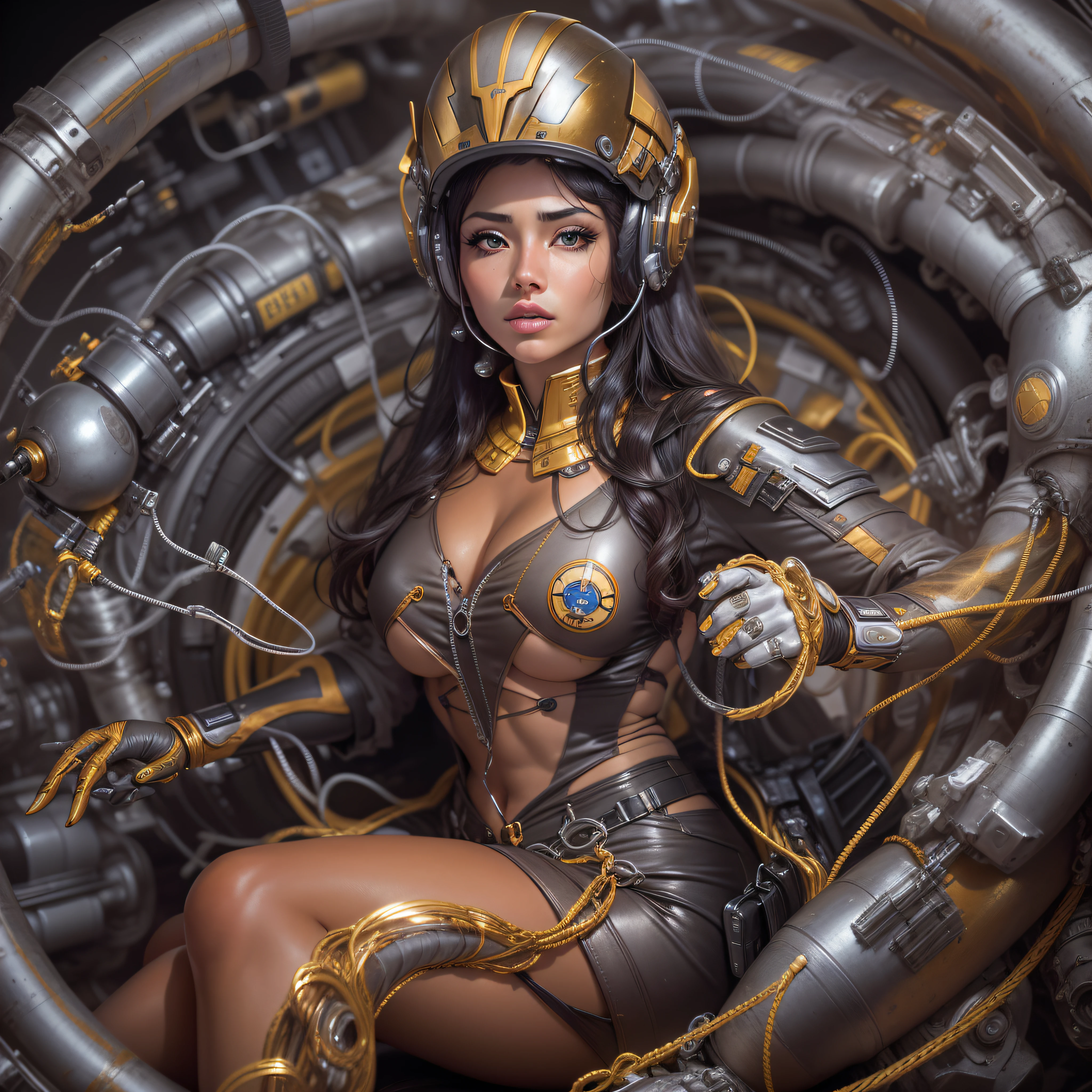 mujer exuberante y voluptuosa con uniforme a lascas de metal plata , oro y bronce con grandes ojos y piernas musculadas, cuenrpo entero, se encuentra en centro de control de nave espacial, (con maquinarias , tubos, cables y tecnologia). ((manos y dedos perfectos)).