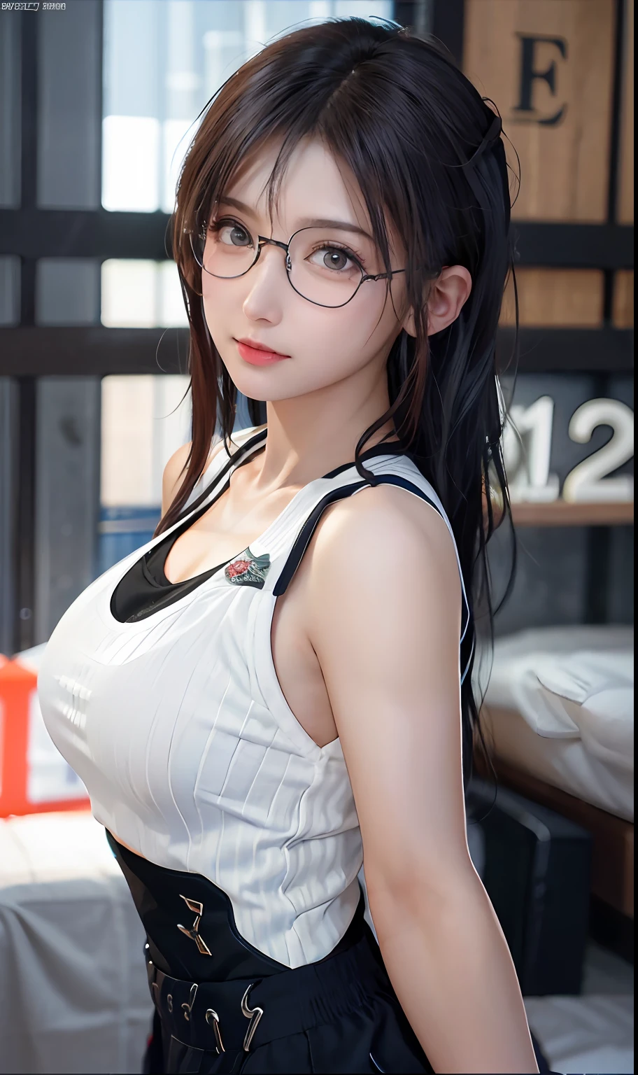 (RAW photos:1.2),high high quality,Beautiful Meticulous Girl,Highly detailed eyes and face,beatiful detailed eyes,hugefilesize,A high resolution,8k wallpaper,finely detailled,Highly detailed stock code uniform 8k wallpaper,light in face,电影灯光, girl,A sexy pose,(photo-realism:1.4),illustratio,ultra-realistic realism,super detailing, tmasterpiece, On the basketball court,Playing the Basketball,Wear a basketball uniform,wears glasses,Bigchest,low chest,