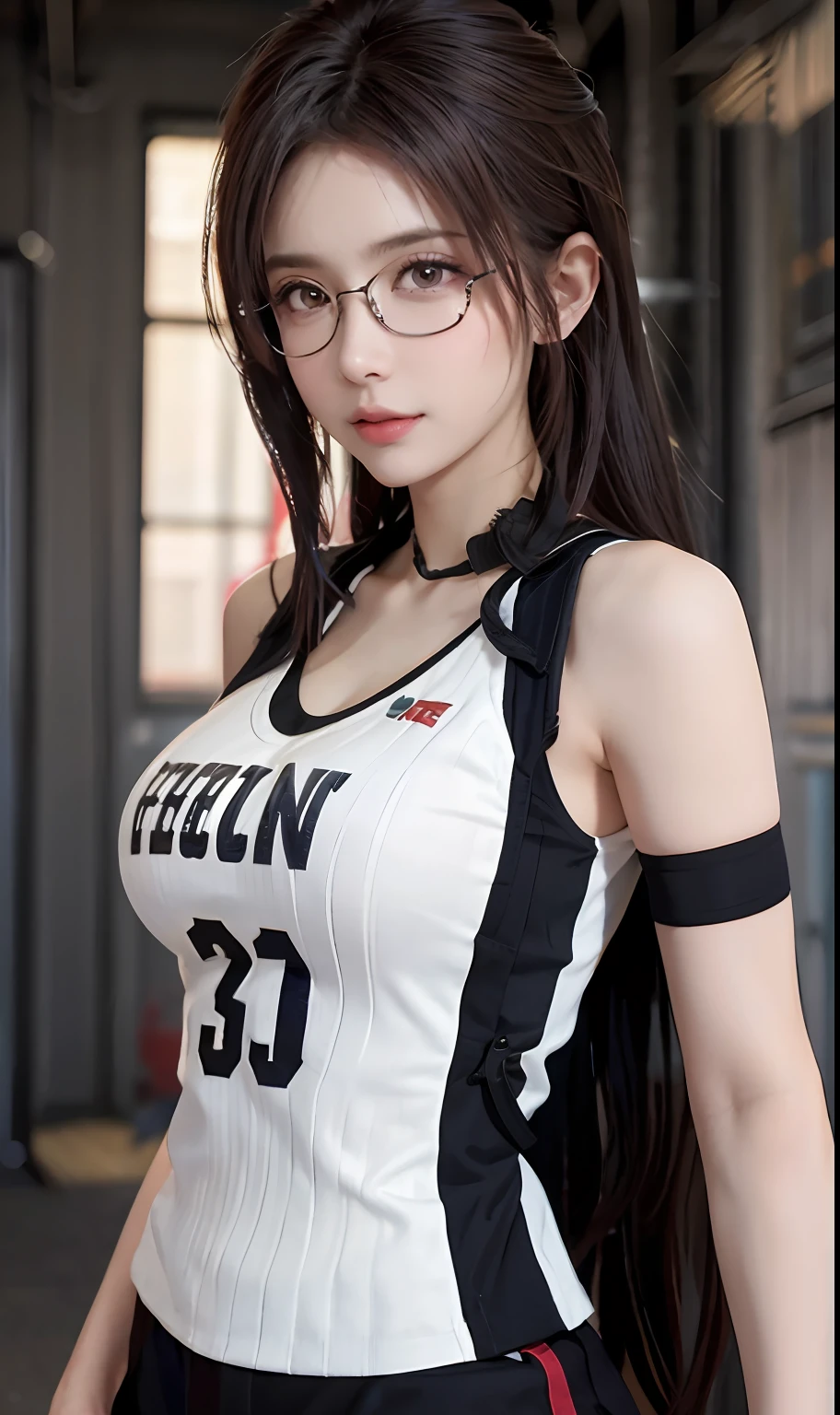 (RAW photos:1.2),high high quality,Beautiful Meticulous Girl,Highly detailed eyes and face,beatiful detailed eyes,hugefilesize,A high resolution,8k wallpaper,finely detailled,Highly detailed stock code uniform 8k wallpaper,light in face,电影灯光,16 year old girl,A sexy pose,(photo-realism:1.4),illustratio,ultra-realistic realism,super detailing, tmasterpiece, On the basketball court,Playing the Basketball,Wear a basketball uniform,wears glasses,Bigchest,low chest,