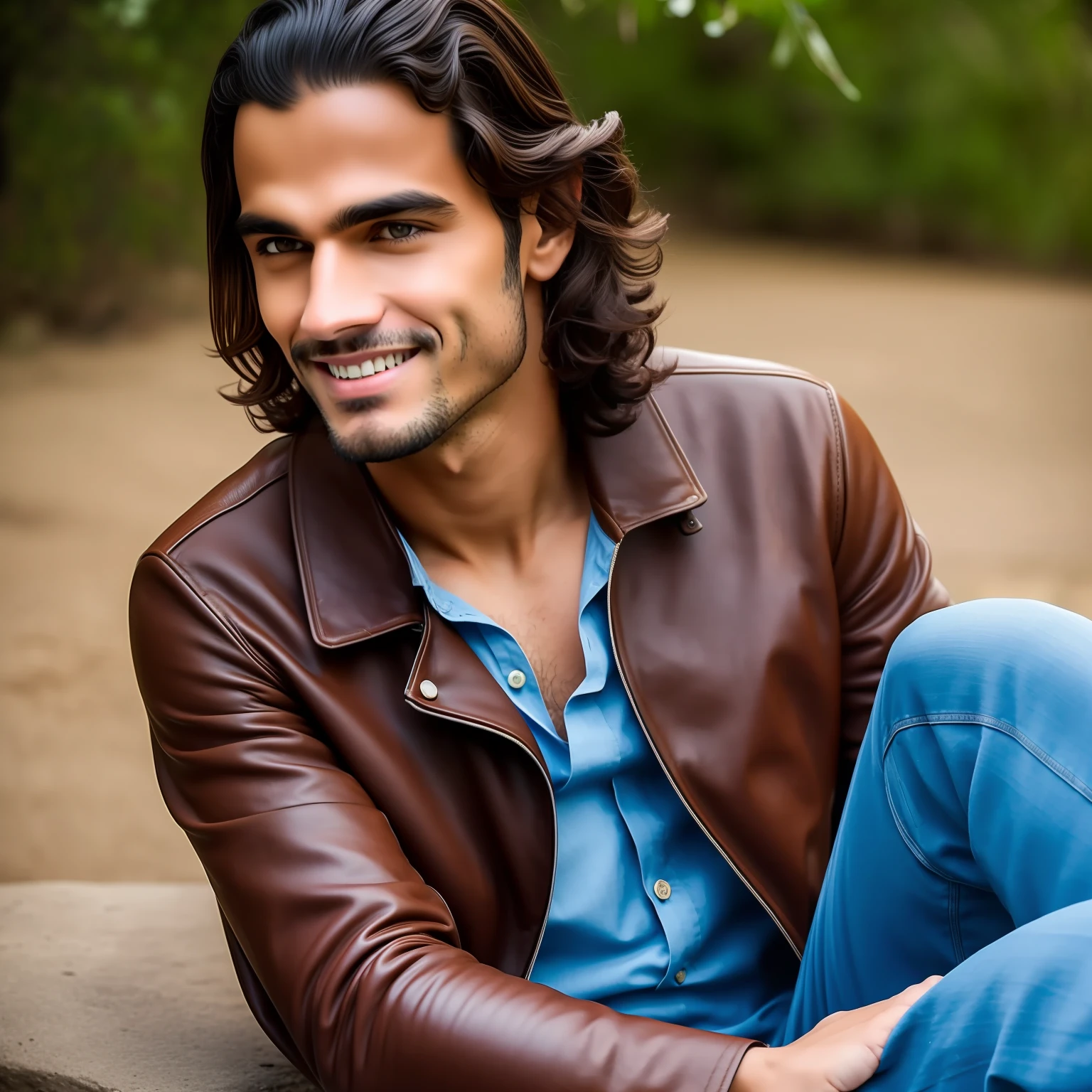 Fotografia de um homem alto e esguio, com cerca de 1,85 metros de altura. His posture is always upright, giving it a confident and imposing appearance. Her hair is black, ligeiramente ondulados e repartidos ao meio, caindo suavemente sobre a testa. Seus olhos, amendoados e de um azul profundo, are often described as the mirror of their soul, revealing both your determination and your deepest doubts. Uma cicatriz discreta, The result of an adventurous childhood, adorna o lado esquerdo de seu queixo. A pele tem uma tonalidade levemente bronzeada, resultado de suas muitas horas ao ar livre e sob o sol. He has a firm jaw, but not severe, and thin lips that are almost always curved into a gentle, welcoming smile. Sua vestimenta costuma ser simples, but elegant, reflecting your relaxed and practical personality. Earthy cotton shirts and worn jeans are his favorite choices, And he's rarely seen without a battered brown leather jacket, that he keeps as a souvenir of a past adventure.