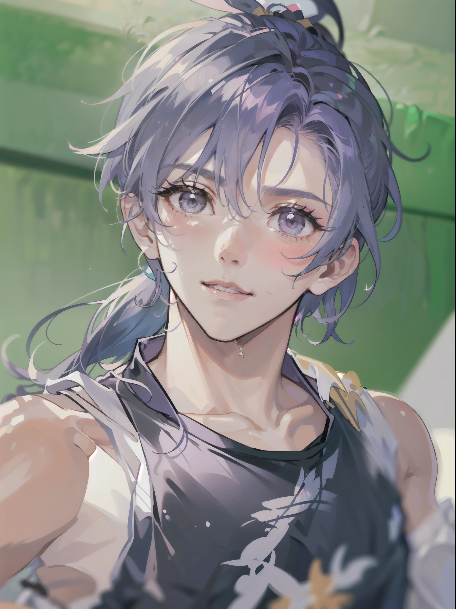 ((highest quality, masterpiece, 4k, finely detailed, detailed eyes, detailed face, intricate details, pixiv, gelbooru)) solo, (((1boy, male, masculine, handsome, slight muscles, Kanan_Matsuura_(Love_Live_Sunshine))), (((high ponytail, dark blue hair, light purple eye color, gentle eyes))), (((male briefs, tight tanktop))) lying on bed, sweating, covered in sweat, handsome, looking at viewer, blushing, smirking, (((big cock)))