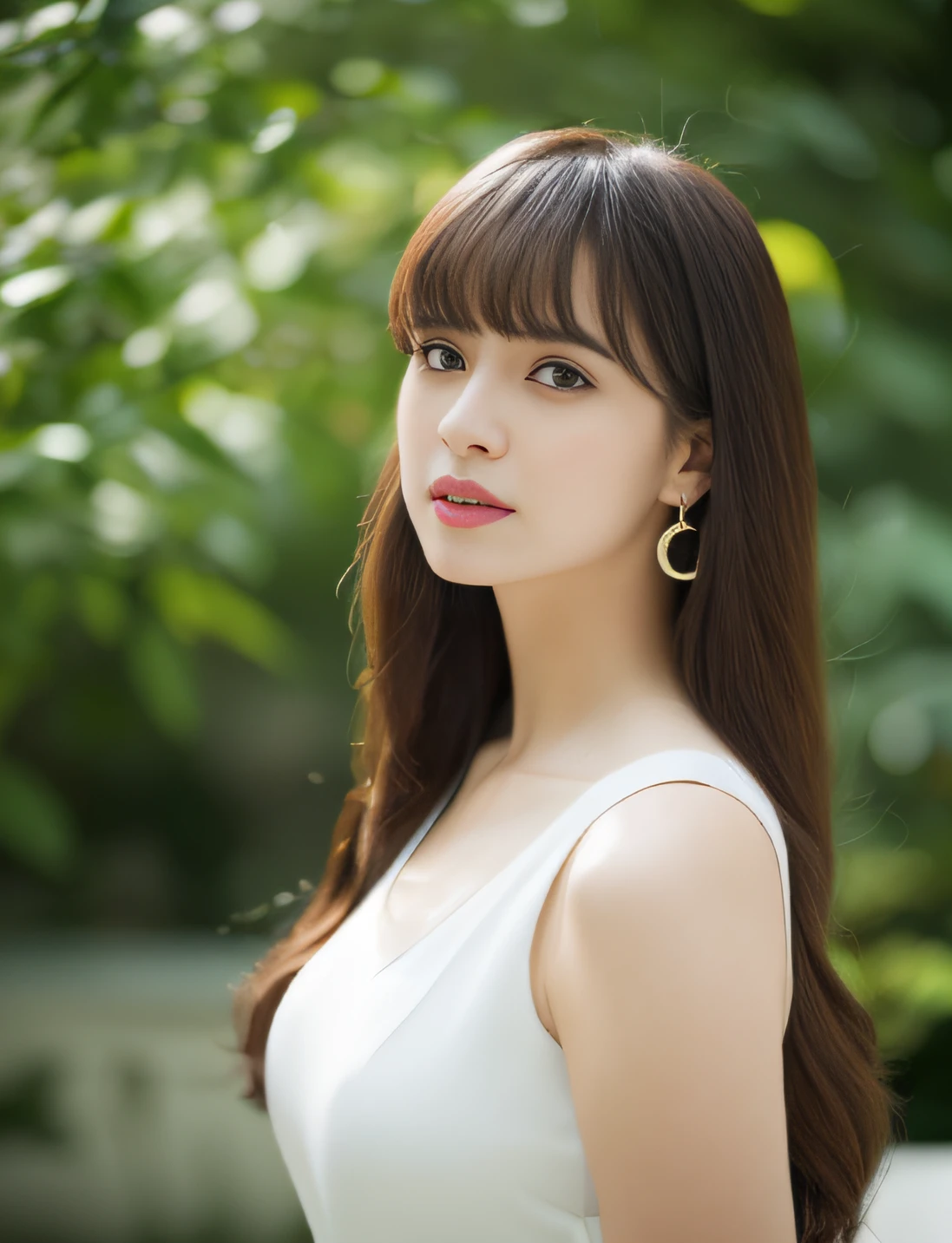 Highest image quality, 1 girl, normal breasts, tags, light emission, background blur, bokeh, hips, gorgeous, (bangs: 1.5), long hair, hair swaying in the wind,
Beautiful sky in detail, beautiful earrings, (dynamic pose: 1.2), (waist shot), soft lighting, wind, glossy skin, ahoge,
(posing in a rose garden, wearing a white dress and wearing a sleeveless dress),