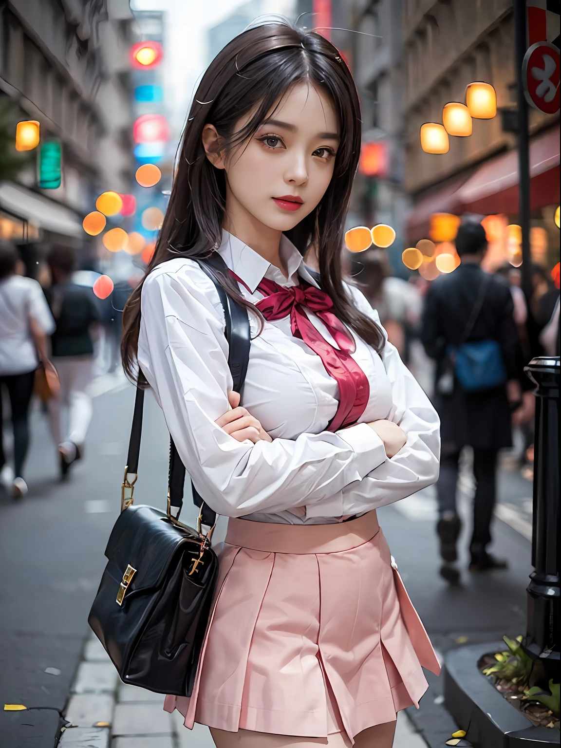 ((Best Quality, 8K, Masterpiece: 1.3)), Super Cute Beautiful Woman, 1 Girl, (Beautiful Breasts:1.3), (Abs, Slender Figure: 1.1), Sharp Focus, (((Intricate Details)), High Detail, Upper Body, One Girl, Black Straight Hair with bangs, Japan Schoolgirl Uniform, White collard shirt, red blazer, white Pleats Skirt, knee-length skirt, 8K, 8K Resolution, clean detailed face, Detailed Body, Detailed Clothes, Sharp Images, Japan Anime Concept Art, trending on Pixiv, looking the viewer, facing the viewer, seductive model pose, seductive smile, pink lipstick, bokeh, field of depth, 8 life size, 8k resolution, upper body image, shot on EOS 5D Mark IV, 35mm lens, f1.8, from side, night Paris Cafe background,