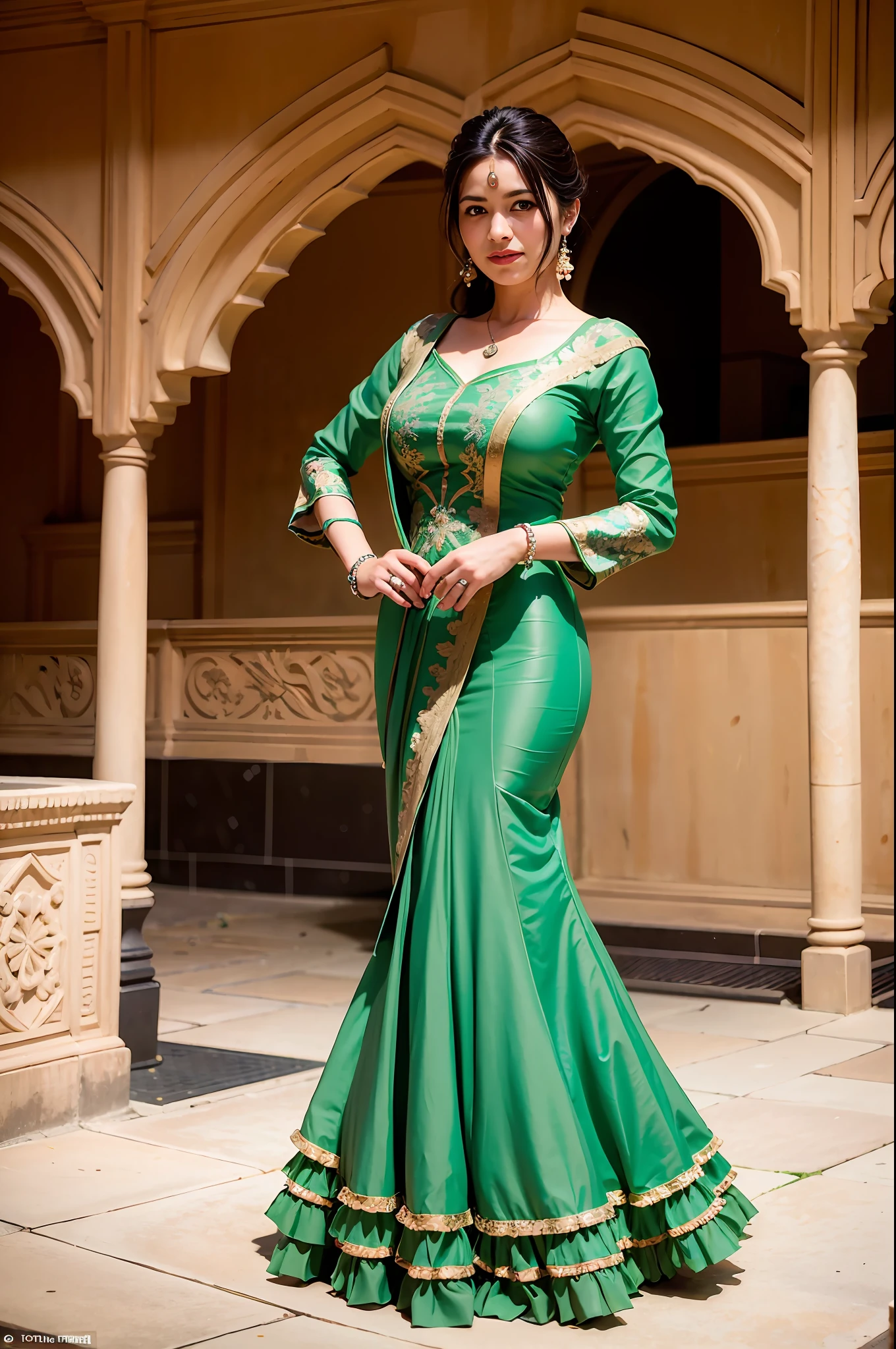 A woman poses for a photo，（Wear indian_dance_dress：1.3），Green dress，smile
expert，4k，A high resolution，tmasterpiece，best qualtiy，head：1.3，（（Hasselblad photograp）），finelydetailedskin，Clear focus，（cinmatic lighting），鎖骨，during night，gentle lighting，dynamic angle，[:(Detailed face：1.2）：0.2]，（（（In-theatre exhibitions））），