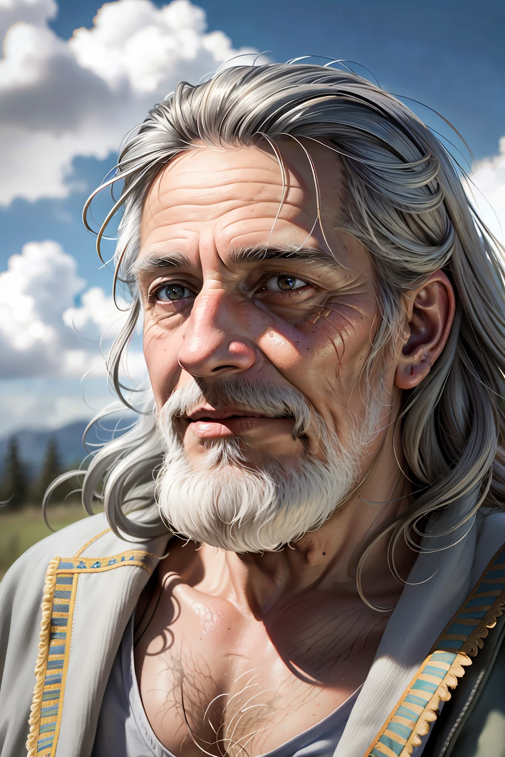 natural light (masterpiece:1.2) (photorealistic:1.2) (bokeh) (best quality) (detailed skin:1.3) (intricate details) (8k) (HDR) (cinematic lighting) (sharp focus) , photorealistic, face portrait, rugged elderly hippy man, solo, outdoors, letterboxed, day, sky, looking at viewer, cloud, brown eyes,( grey hair:1.2), depth of field, light smile