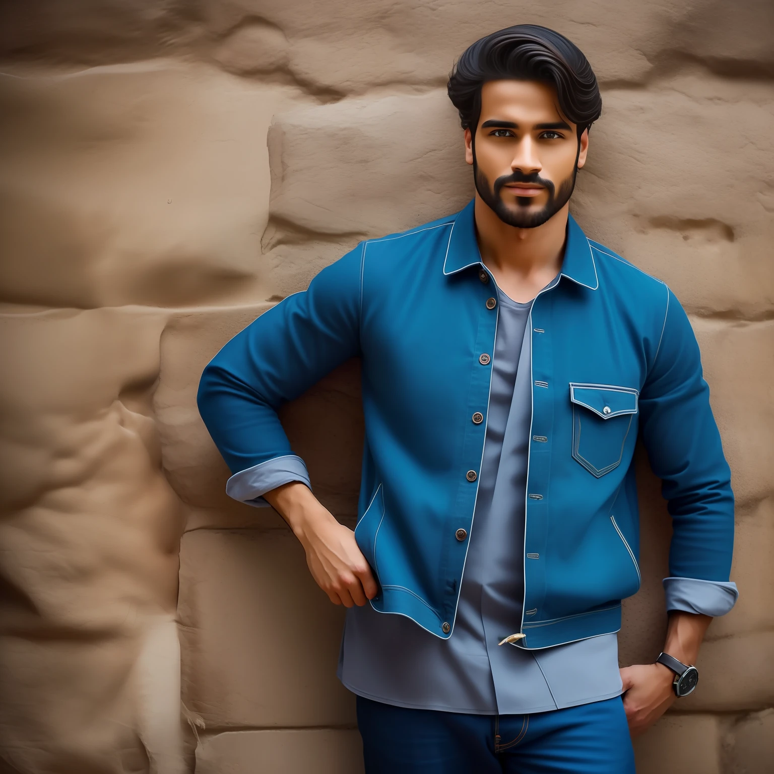 Fotografia de um homem alto e esguio, com cerca de 1,85 metros de altura. His posture is always upright, giving it a confident and imposing appearance. Her hair is black, ligeiramente ondulados e repartidos ao meio, caindo suavemente sobre a testa. Seus olhos, amendoados e de um azul profundo, are often described as the mirror of their soul, revealing both your determination and your deepest doubts. Uma cicatriz discreta, The result of an adventurous childhood, adorna o lado esquerdo de seu queixo. A pele tem uma tonalidade levemente bronzeada, resultado de suas muitas horas ao ar livre e sob o sol. He has a firm jaw, but not severe, and thin lips that are almost always curved into a gentle, welcoming smile.
Sua vestimenta costuma ser simples, but elegant, reflecting your relaxed and practical personality. Earthy cotton shirts and worn jeans are his favorite choices, And he's rarely seen without a battered brown leather jacket, that he keeps as a souvenir of a past adventure.
