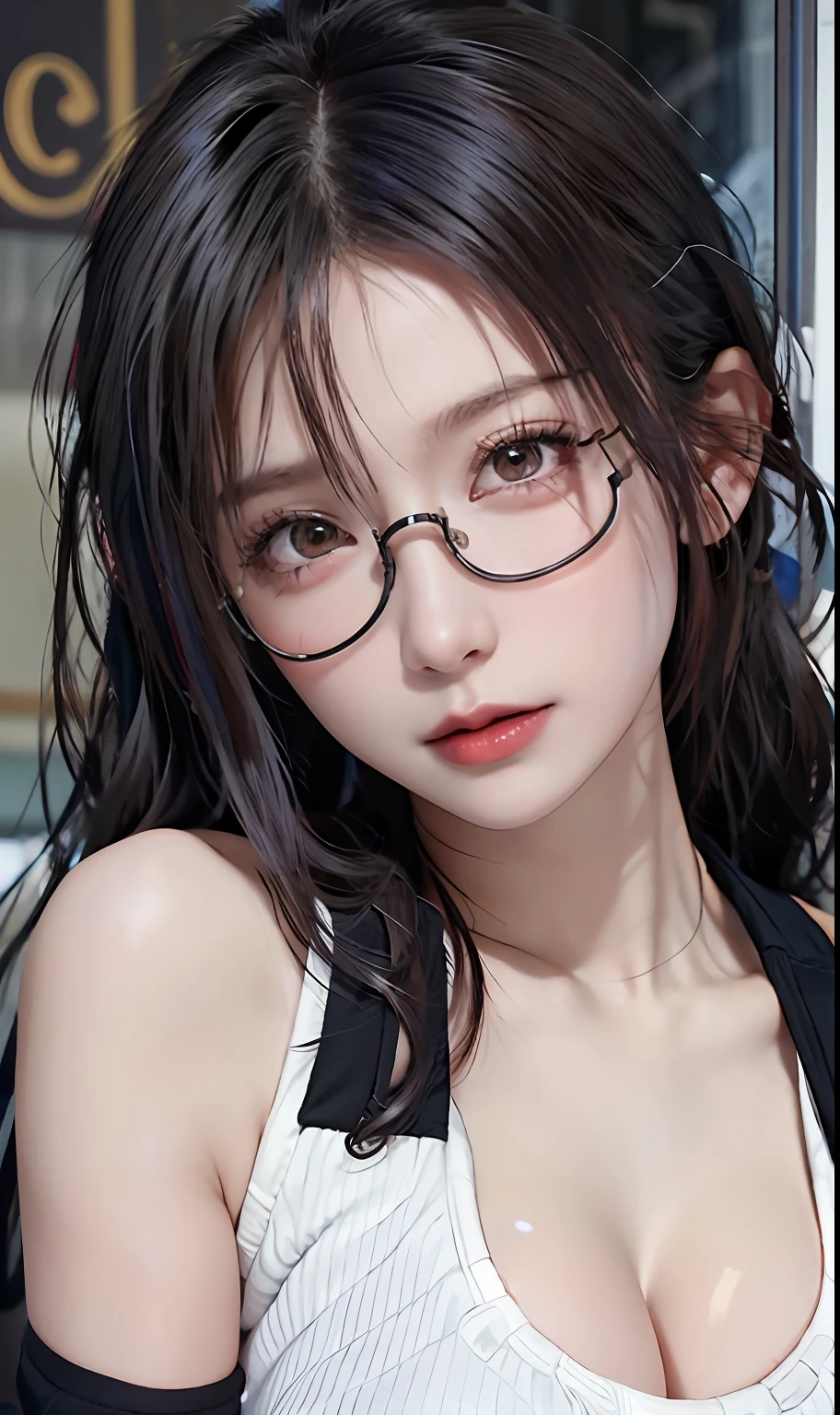 (RAW photos:1.2),high high quality,Beautiful Meticulous Girl,Highly detailed eyes and face,beatiful detailed eyes,hugefilesize,A high resolution,8k wallpaper,finely detailled,Highly detailed stock code basketball clothes 8k wallpaper,light in face,电影灯光,16 year old girl,A sexy pose,(photo-realism:1.4),illustratio,ultra-realistic realism,super detailing, tmasterpiece, On the basketball court,Playing the Basketball,Wear basketball clothes,wears glasses,Bigchest,low chest,
