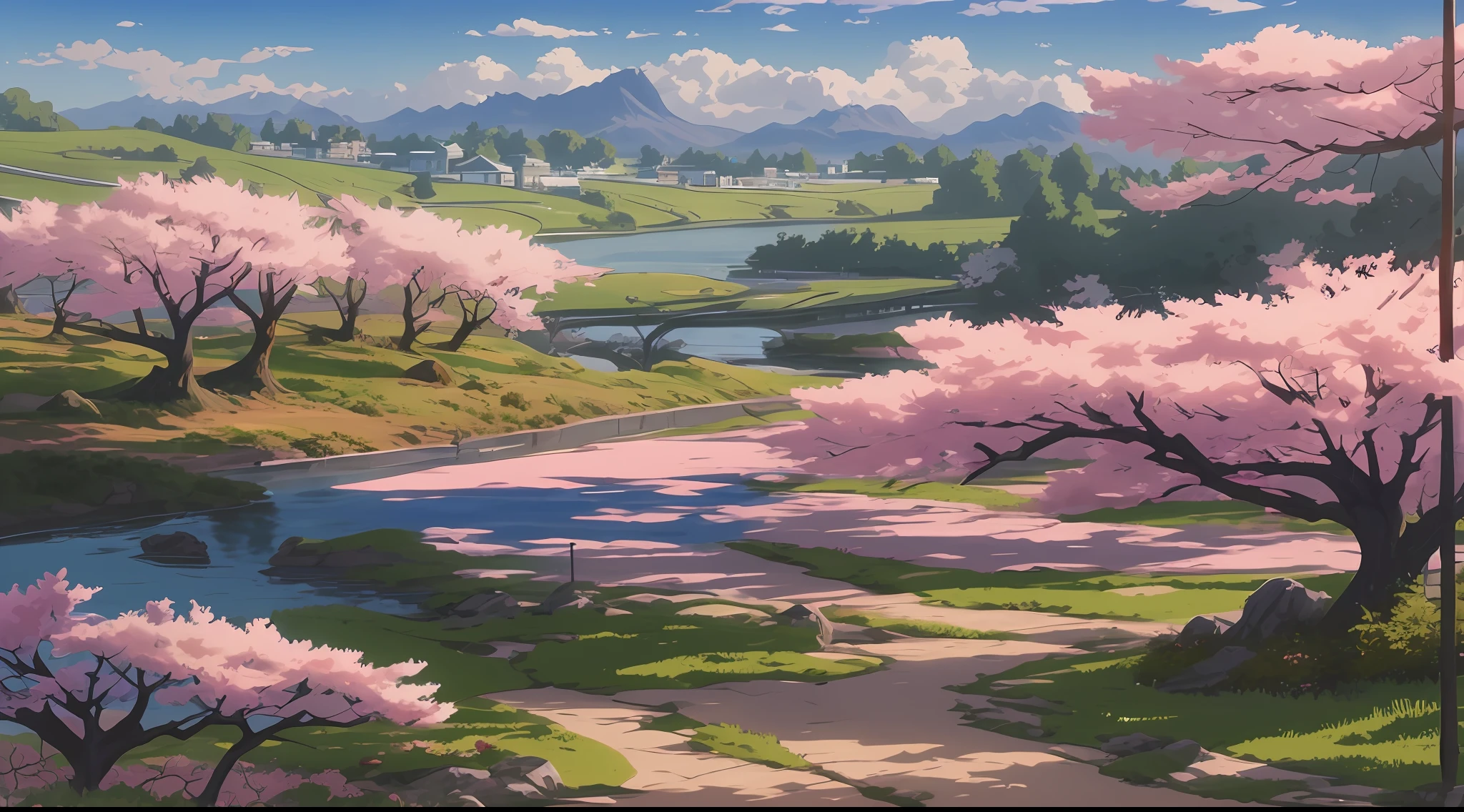 Anime scenery with rivers, ross tran, makoto sinkai, anime countryside landscape, Beautiful Peace Scene, studio glibly makoto shinkai, Ilya Kuvshinov landscape, Anime landscapes,Cherry blossom picture。