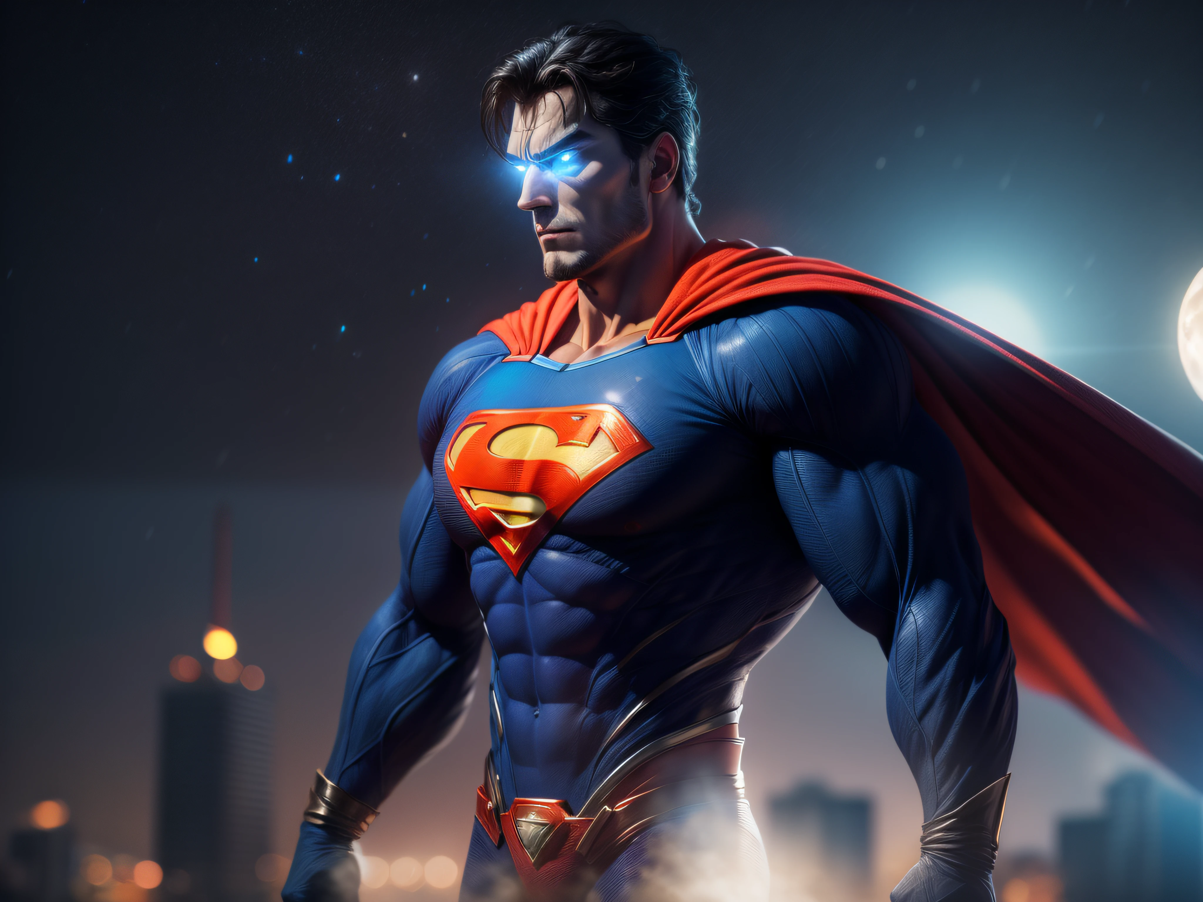 Close a powerful threat, The imposing appearance of the mighty Superman dressed in orange uniform, menacing stare, ricamente detalhado, Hiper realista, 3D-rendering, obra-prima, NVIDIA, RTX, ray-traced, Bokeh, Night sky with a huge and beautiful full moon, estrelas brilhando, 8k,