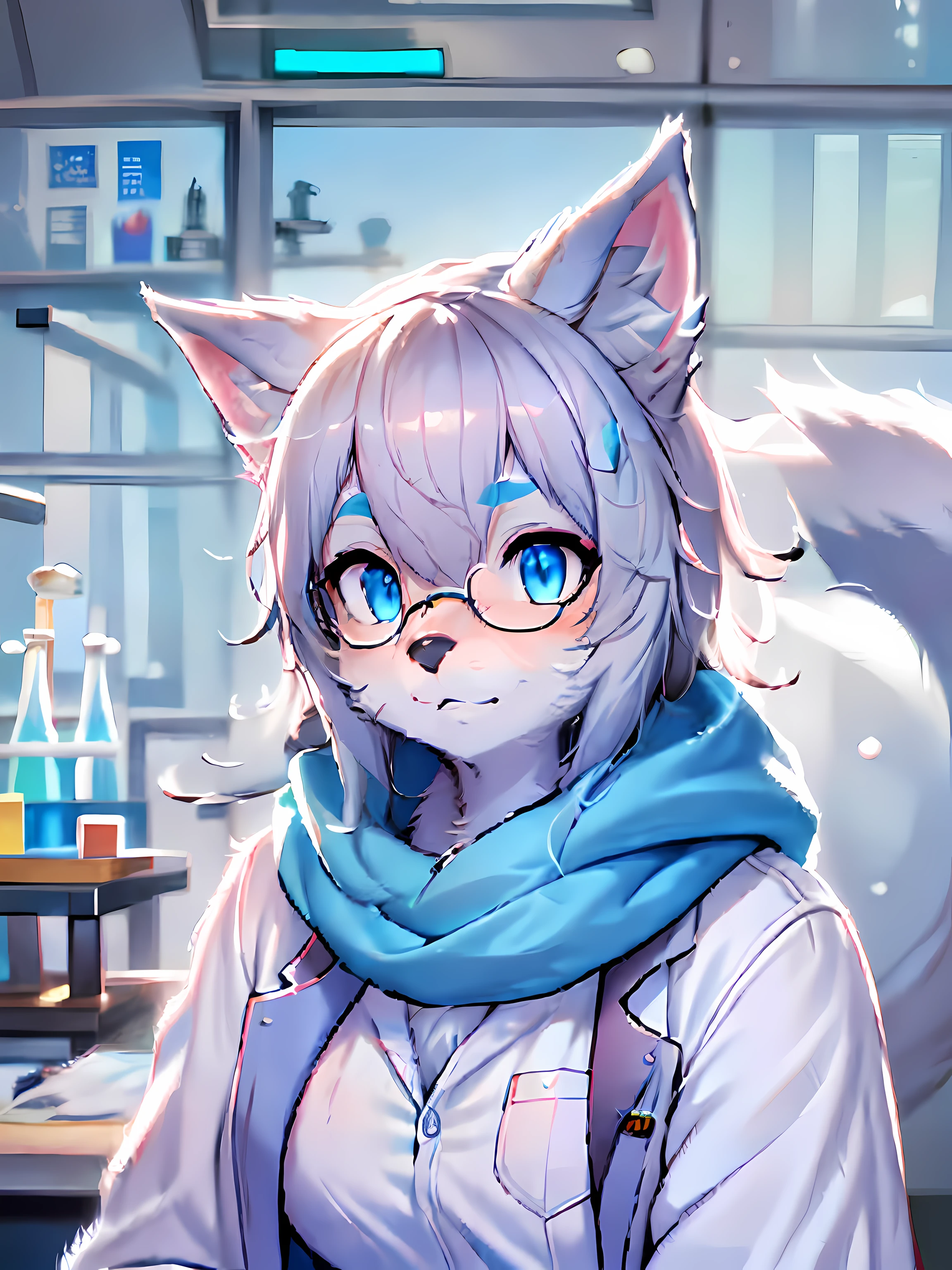 Anime character with arctic fox ears wearing lab coat and blue scarf,arctic fox，Fluffy blue fur and blue tail,Wear half-rimmed glasses,Arctic fox beauty in lab coat,  Fox scientist，inside the lab, professional furry drawing