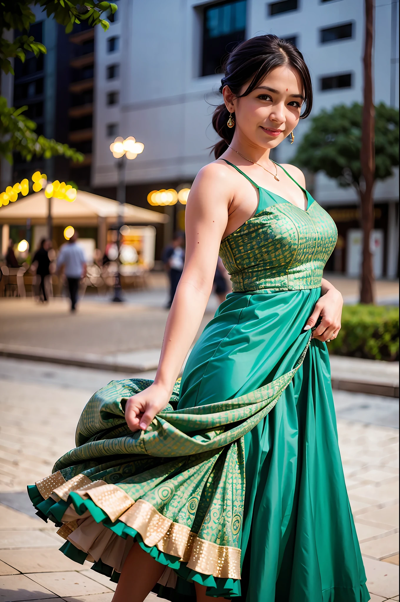 a woman posing for a picture，（Wear India_Dance_dress：1.3），Green dress，smile
expert，4K，A high resolution，tmasterpiece，best qualtiy，Head：1.3，（（Hasselblad photograp）），finelydetailedskin，Clear focus，（cinmatic lighting），鎖骨，during night，Gentle lighting，dynamic angle，[:(Detailed face：1.2）：0.2]，（（（In-theatre exhibitions））），