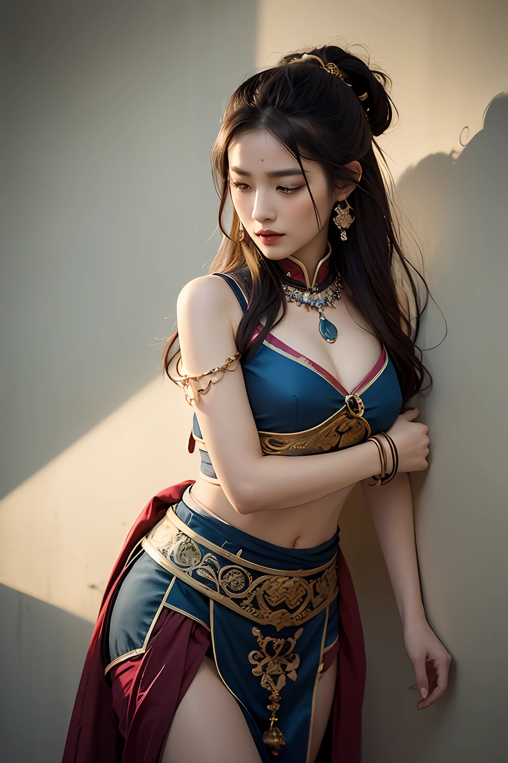 1girl, Dunhuang Flying Apsaras costume, messy long hair, Ji Jian, Dunhuang style, a lot of smoke, superb, elegant colors, (realistic, high detail, masterpiece, super detailed, dynamic angle, mural background, ink wash, amazing, movie lighting, illustration, chiaroscuro, backlighting, god rays, holland, best quality, best quality