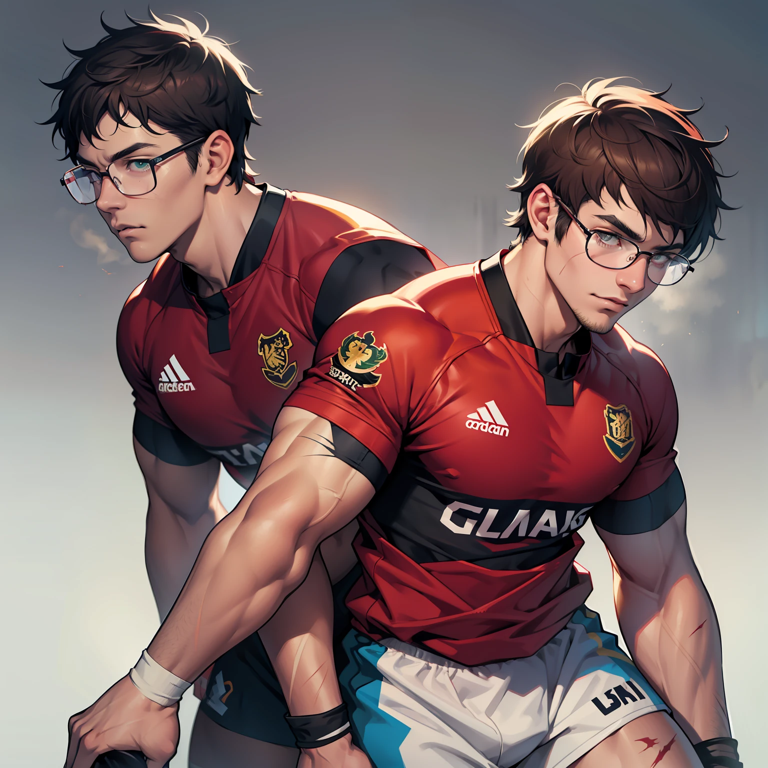 I stand at 6'5 and I am considered tall for Japanese standards. My body is filled with scars as I had to give up playing Rugby due to serious injuries inflicted in the sport. I am now a college major in art with the goal to become the greatest artist in the history of time. I have short maroon hair and wear glasses to accommodate my bad vision caused by playing a full contact sport. My eyes are green. Red short hair