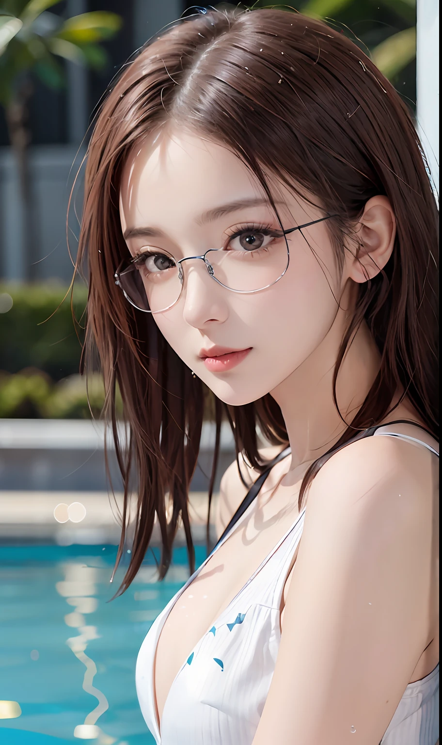 （RAW photos：1.2），high high quality，Beautiful Meticulous Girl，Highly detailed eyes and face，beatiful detailed eyes，hugefilesize，A high resolution，8k wallpaper，finely detailled，Highly detailed stock code uniform 8k wallpaper，light in face，电影灯光，16 year old girl，（photo-realism：1.4），illustratio，ultra-realistic realism，super detailing， tmasterpiece， swimming in the pool，Swim in a swimsuit，wears glasses，Bigchest，low chest