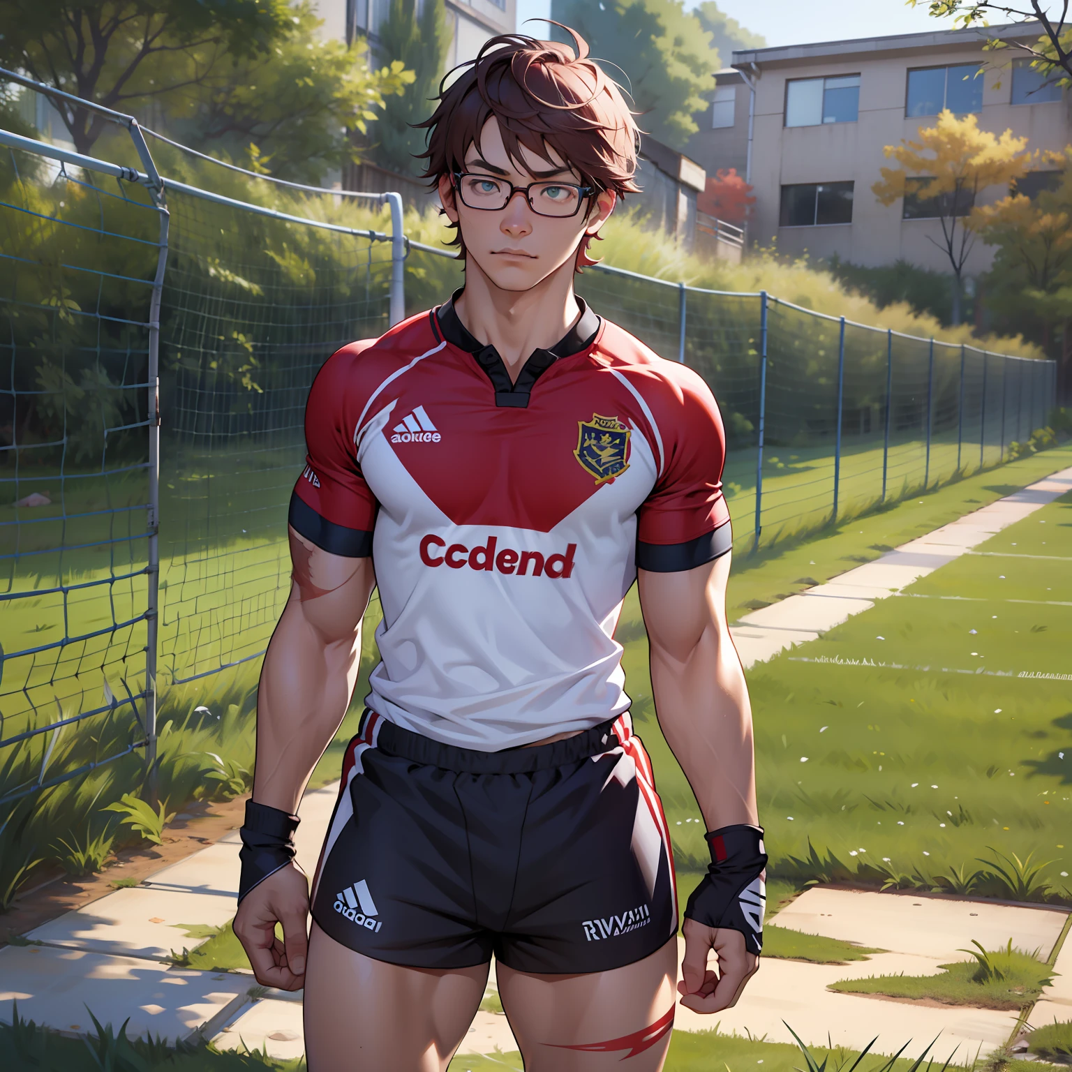 I stand at 6'5 and I am considered tall for Japanese standards. My body is filled with scars as I had to give up playing Rugby due to serious injuries inflicted in the sport. I am now a college major in art with the goal to become the greatest artist in the history of time. I have short maroon hair and wear glasses to accommodate my bad vision caused by playing a full contact sport. My eyes are green. Red short hair