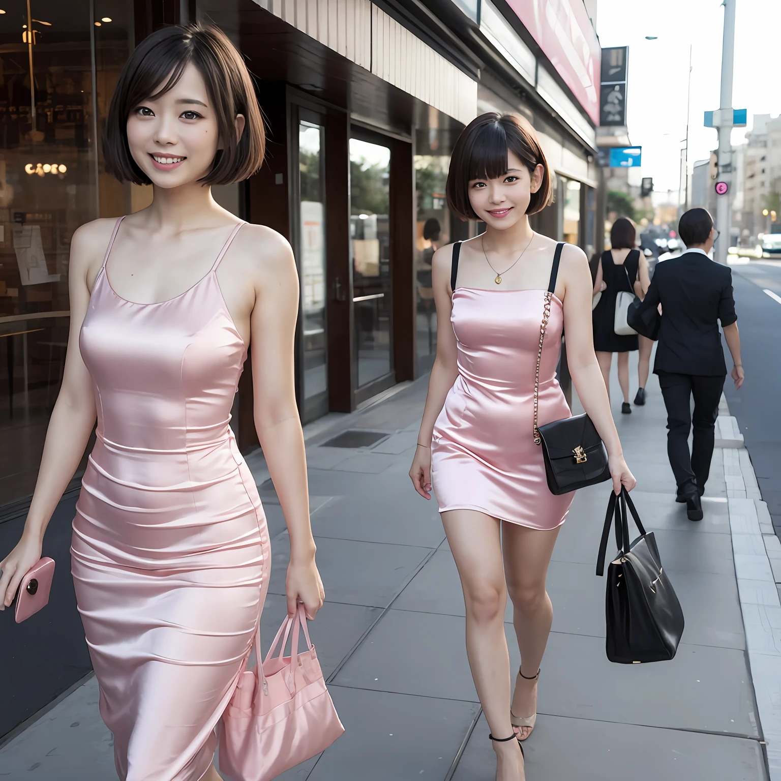 Pink silk satin dress, setting off, station, Colossal tits, Short bob hair, Carry Bag, masutepiece, Looks Back, A smile,