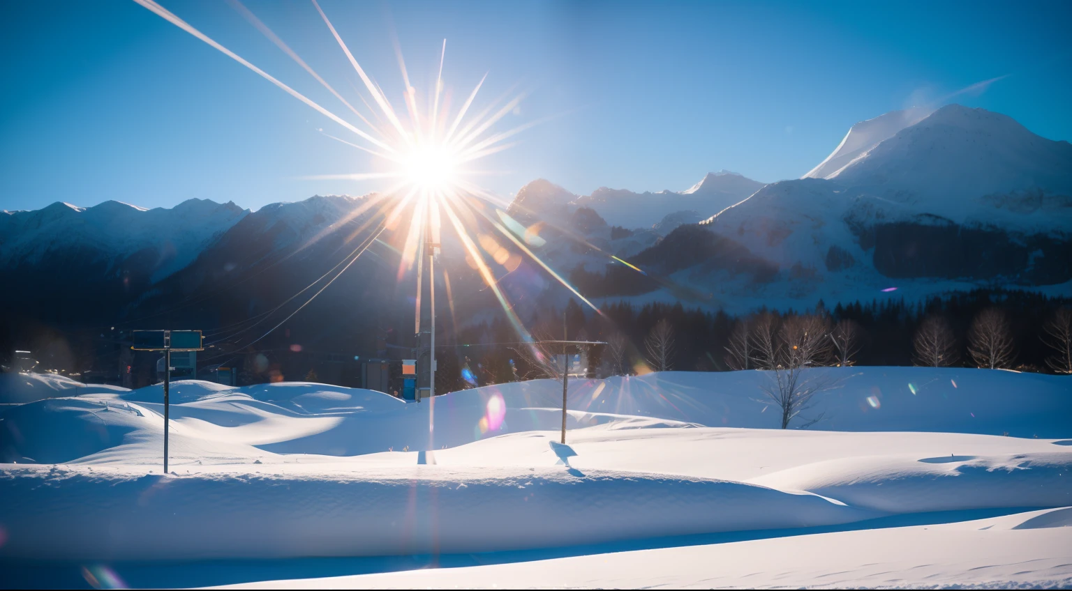 Snowy Hokkaido, sony a7, Film grain, Cinematic lighting, Photorealistic, 32K, diffuse reflection, colorful shiny particles, Lens Flare, Soft lighting