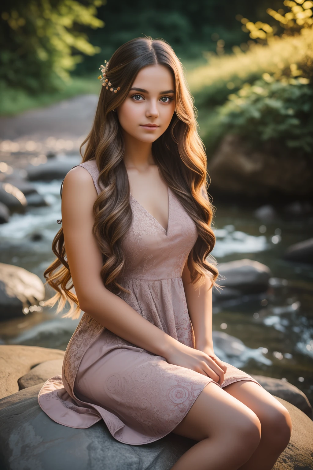 photography of a beautiful young girl, long curled hair, wearing a short summer flowing dress, sitting on a rock, locks eyes into the camera, symmetrical eyes, symmetrical face, photorealistic, photography, path tracing, specular lighting, volumetric face light, path traced hair, visible shadows, intricate, elaborate