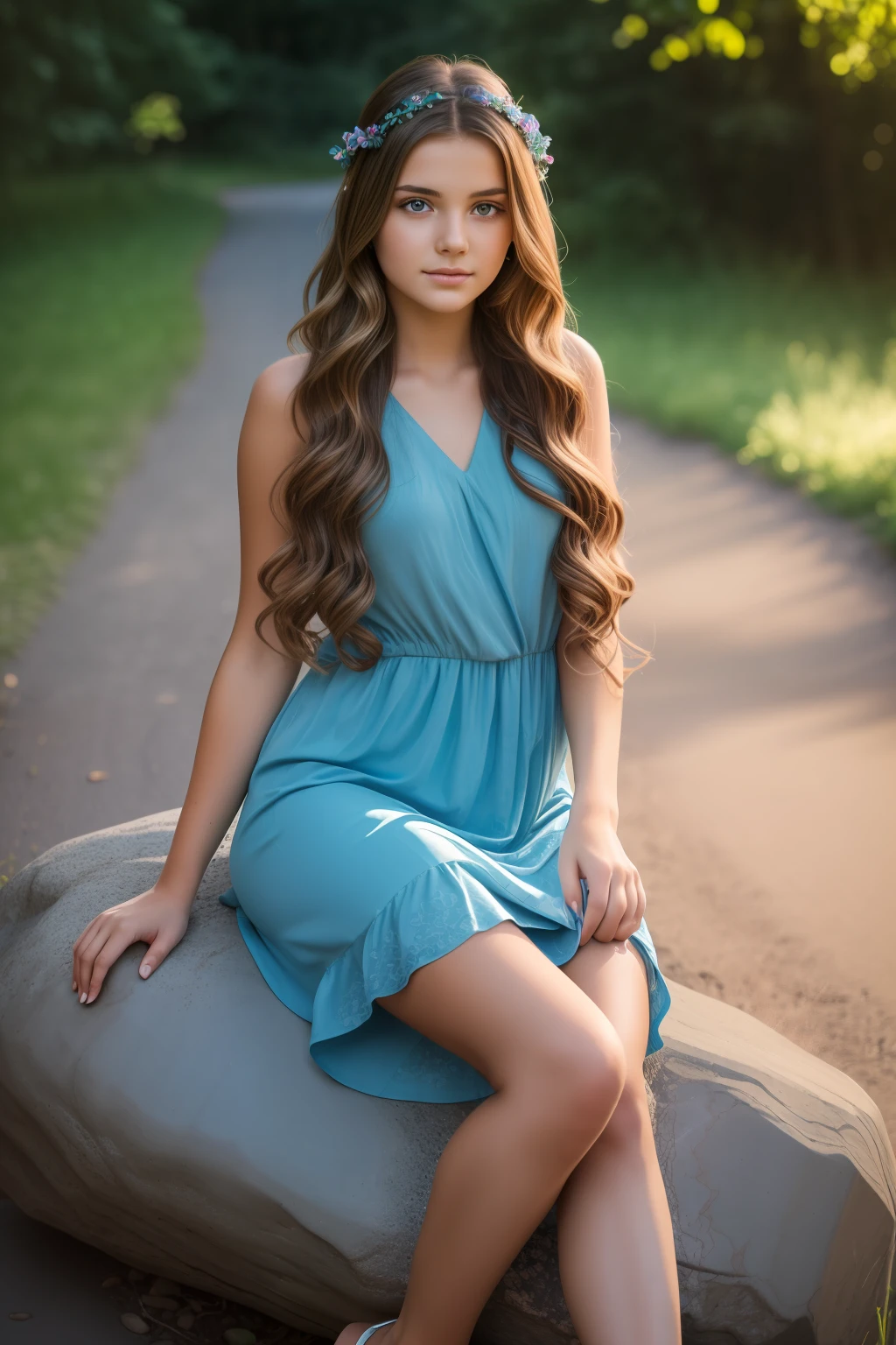 photography of a beautiful young girl, long curled hair, wearing a short summer flowing dress, sitting on a rock, locks eyes into the camera, symmetrical eyes, symmetrical face, photorealistic, photography, path tracing, specular lighting, volumetric face light, path traced hair, visible shadows, intricate, elaborate