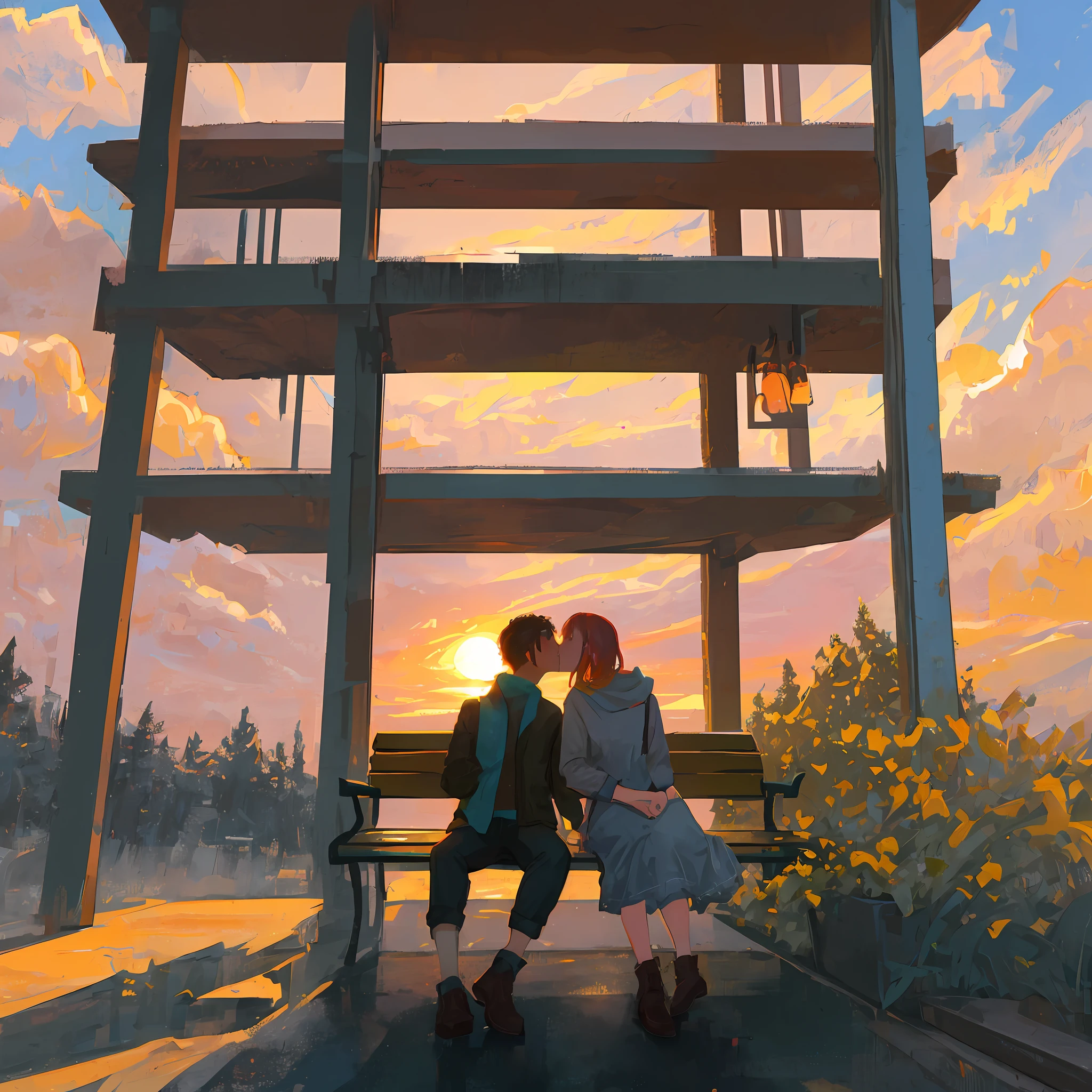 Illustrate two contrasting scenes – one image depicting a couple in love sharing a romantic moment and another image with a lonely person contemplating the sunset on a park bench