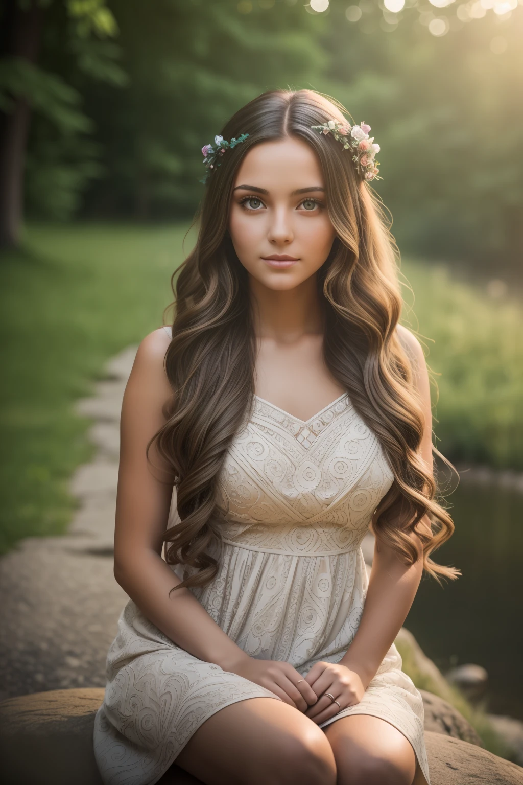 photography of a beautiful young girl, long curled hair, wearing a short summer flowing dress, sitting on a rock, locks eyes into the camera, symmetrical eyes, symmetrical face, photorealistic, photography, path tracing, specular lighting, volumetric face light, path traced hair, visible shadows, intricate, elaborate