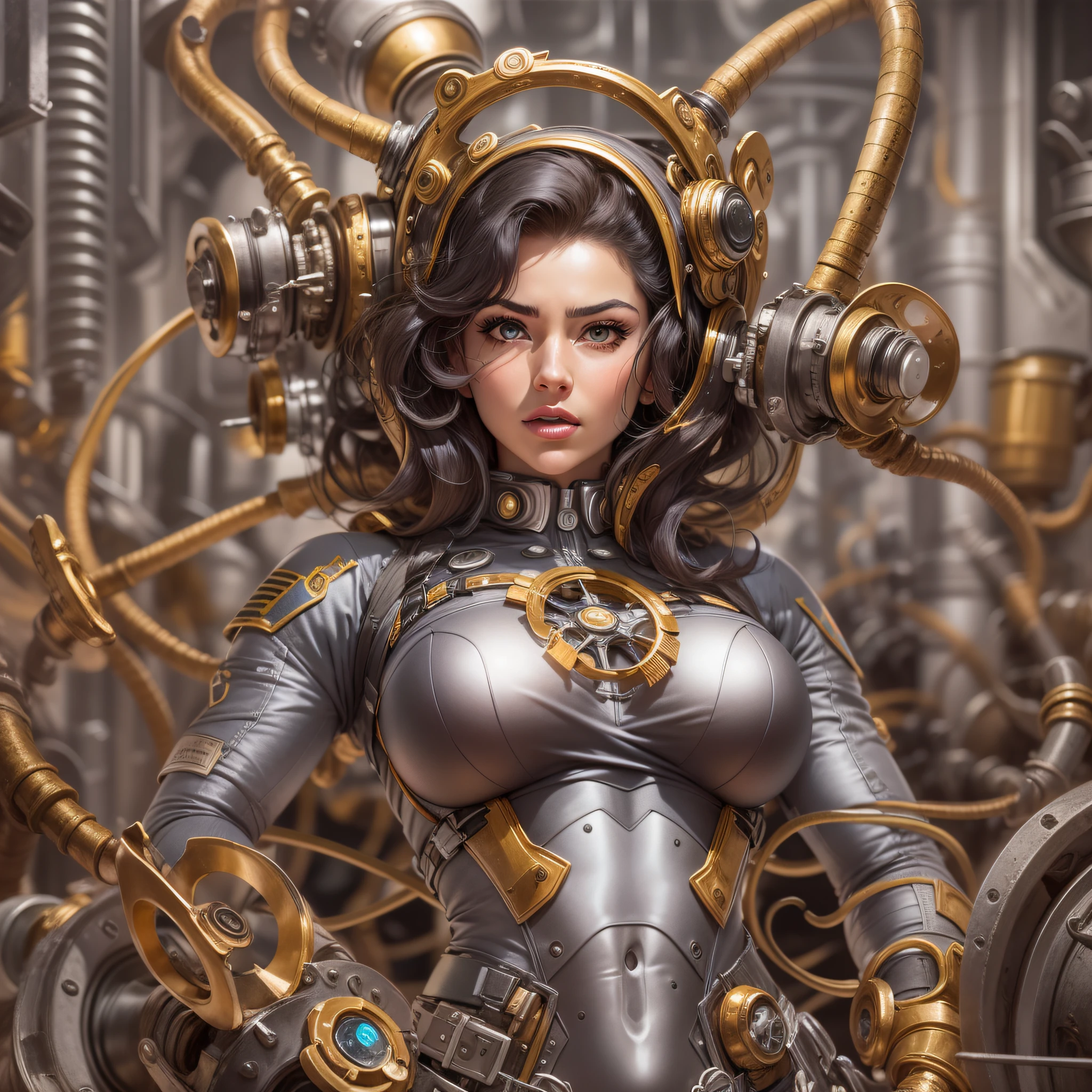 mujer exuberante y voluptuosa con uniforme a lascas de metal plata , oro y bronce con grandes ojos y piernas musculadas, cuenrpo entero, se encuentra en centro de control de nave espacial, (con maquinarias , tubos, cables y tecnologia). ((manos y dedos perfectos)).