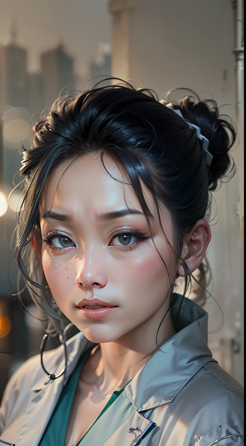 (
(Character: one chinese woman, 40 years old, high bun in the hair, small smile)
(Clothing: medical coat, gray hakama pants and flat shoes, with a stethoscope)
(Pose: upper body shot:1.7, dynamic pose)
(blurry, intense urban lights in background, gray color scheme:1.3)
(Style: ((masterpiece:1.5)), (face detailed), photo-realistic:1.3, hyperrealistic, film grain, realistic lighting)
)