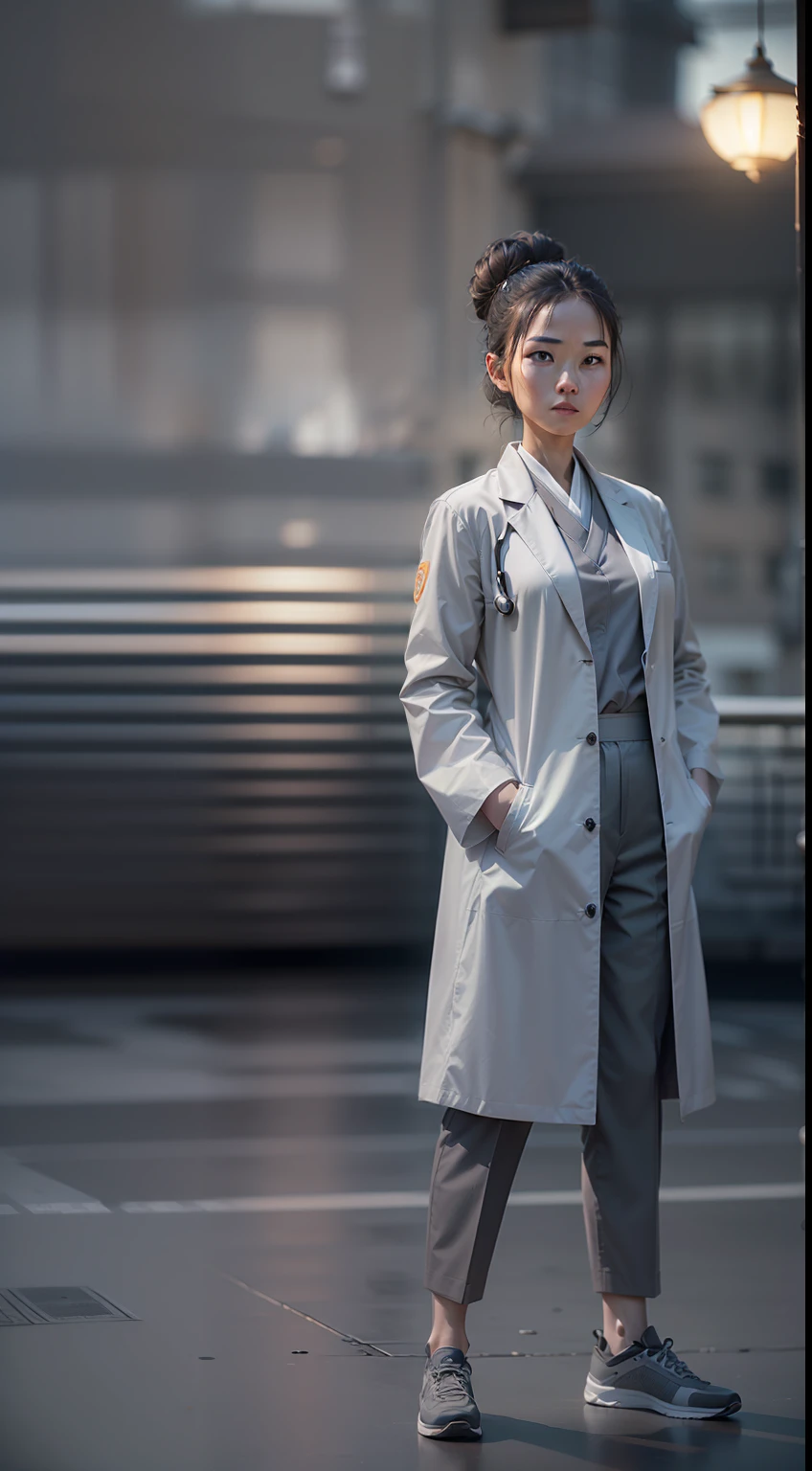 (
(Character: one chinese woman, 40 years old, high bun in the hair, small smile)
(Clothing: medical coat, gray hakama pants and flat shoes, with a stethoscope)
(Pose: upper body shot:1.7, dynamic pose)
(blurry, intense urban lights in background, gray color scheme:1.3)
(Style: ((masterpiece:1.5)), (face detailed), photo-realistic:1.3, hyperrealistic, film grain, realistic lighting)
)