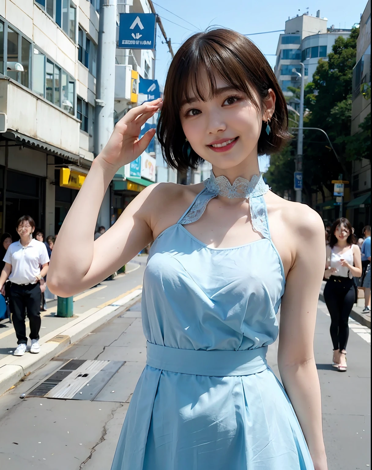 a woman posing on the street corner with light blue dress on, best quality, 1girl, large breasts, day, bright, blur background, bokeh, outdoor, (street:0.8), (people, crowds:1), (lace-trimmed dress:1.5, sleeveless dress, light blue clothes, light blue high-neck dress:1.2, blue dress: 1.5), gorgeous, (short hair, forehead:1.2), beautiful detailed sky, earrings, (dynamic pose:1.2), (upper body:0.8), soft lighting, wind, shiny skin, smile,