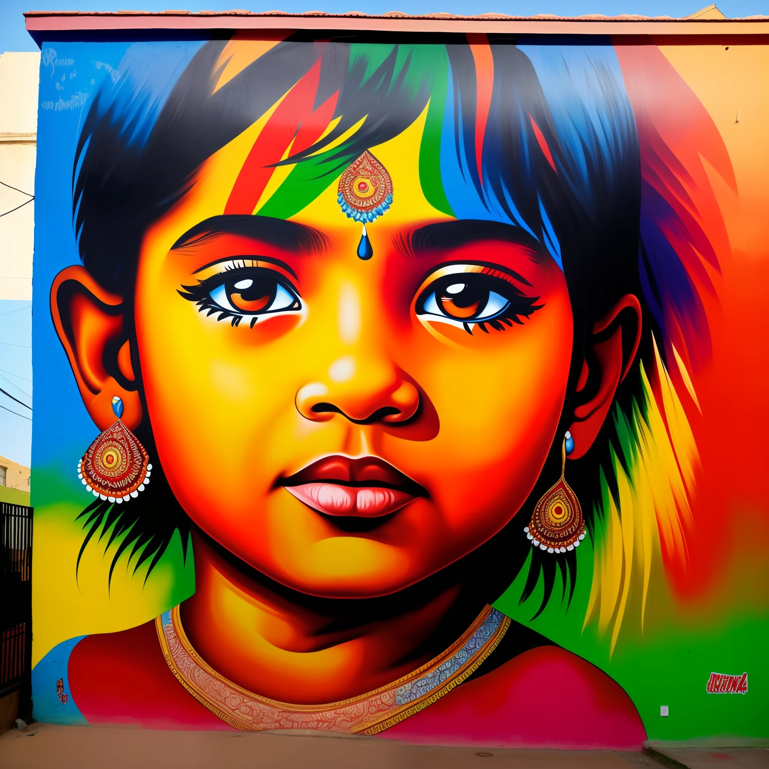 A street mural painting of a beautiful indian child in the style of eduardo kobra