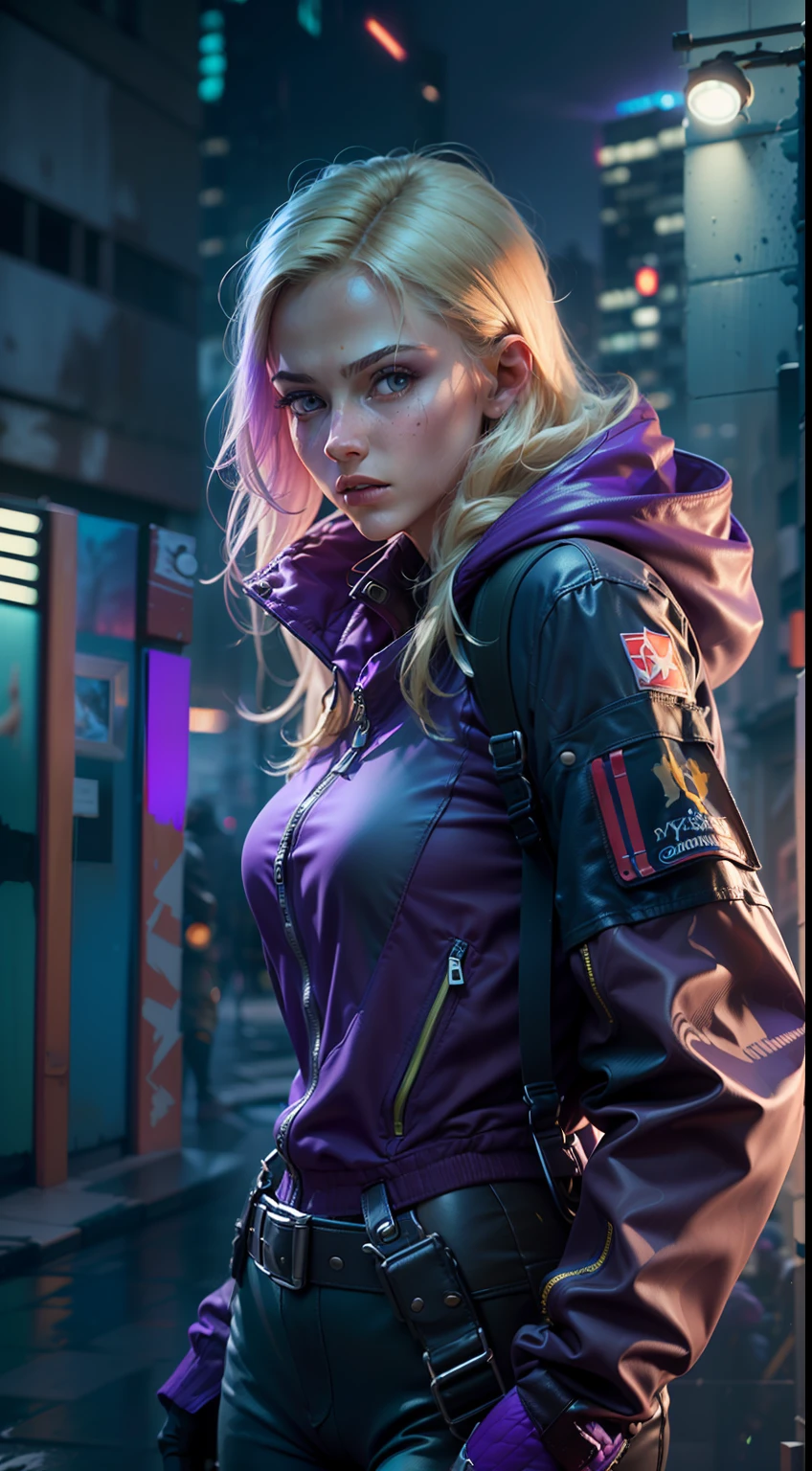 (
(Character: one escapist woman, russian traits, long wave hair, blonde hair, lean body, tall)
(Clothing: purple jacket, futuristic jumpsuit, backpack, leg holster, knee pads, boots)
(Pose: upper body shot:1.7, dynamic pose)
(blurry, intense urban lights in background, purple color scheme:1.3)
(Style: ((masterpiece:1.5)), (face detailed), photo-realistic:1.3, hyperrealistic, film grain, realistic lighting)
)