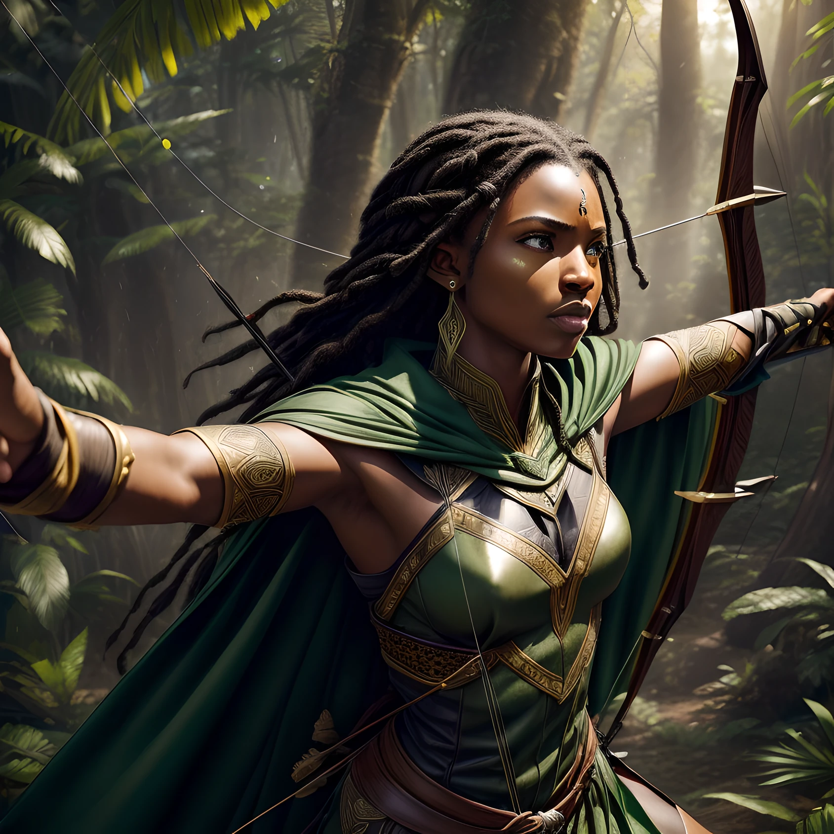 (masterpiece, photorealistic:1.4), a beautiful extremely gorgeous black female Elf archer, (epic:1.2), nice body, (shooting with a bow and arrow:1.2), cinematic scene, (IMAX quality:1.3), (immersive visuals:1.2), breathtaking landscape, (lush and vibrant jungle:1.2), ancient trees, (sunlight filtering through foliage:1.1, after rain fall:), (mysterious mist:1.1), (dynamic camera angles:1.2), (intense action:1.1), (slow-motion sequence:1.2), (arrow in mid-flight:1.1), (subtle lens flare:1.2), (intense focus:1.2), determined expression, (elven features:1.1), (long, flowing dreadlock black hair:1.1), (piercing light yellow eyes:1.2), intricate details on the archer's armor (wearing armor, green cape, inspired by Wakanda), epic african fantasy, (Kemetic symbols:1.1), (richly textured fabric:1.1), (wind-blown cloak:1.2), (cinematic lighting:1.2), (epic African soundtrack:1.2), (sense of anticipation:1.1), (powerful bow:1.1), (archery prowess:1.2), (arrow hitting the target:1.1), (dramatic aftermath:1.1), 8k, extremely detailed, ultra realistic.