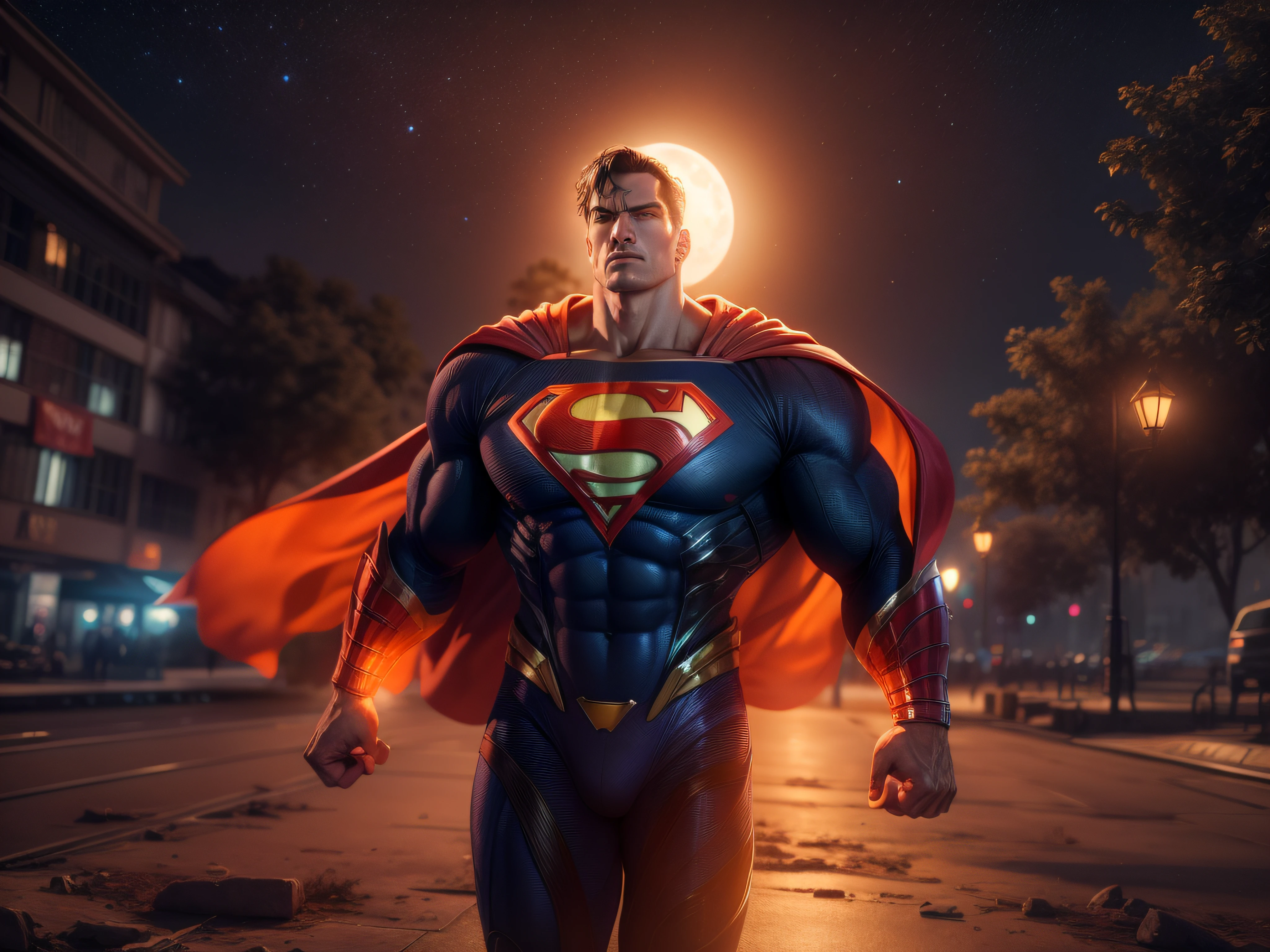 Close a powerful threat, The imposing appearance of the mighty Superman dressed in orange uniform, menacing stare, ricamente detalhado, Hiper realista, 3D-rendering, obra-prima, NVIDIA, RTX, ray-traced, Bokeh, Night sky with a huge and beautiful full moon, estrelas brilhando, 8k,